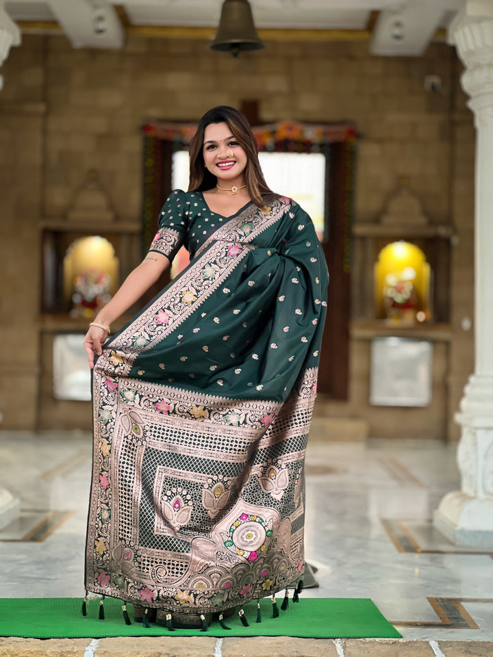Bottle Green Soft Banarasi Silk Saree With Zari Weaving Meenakari