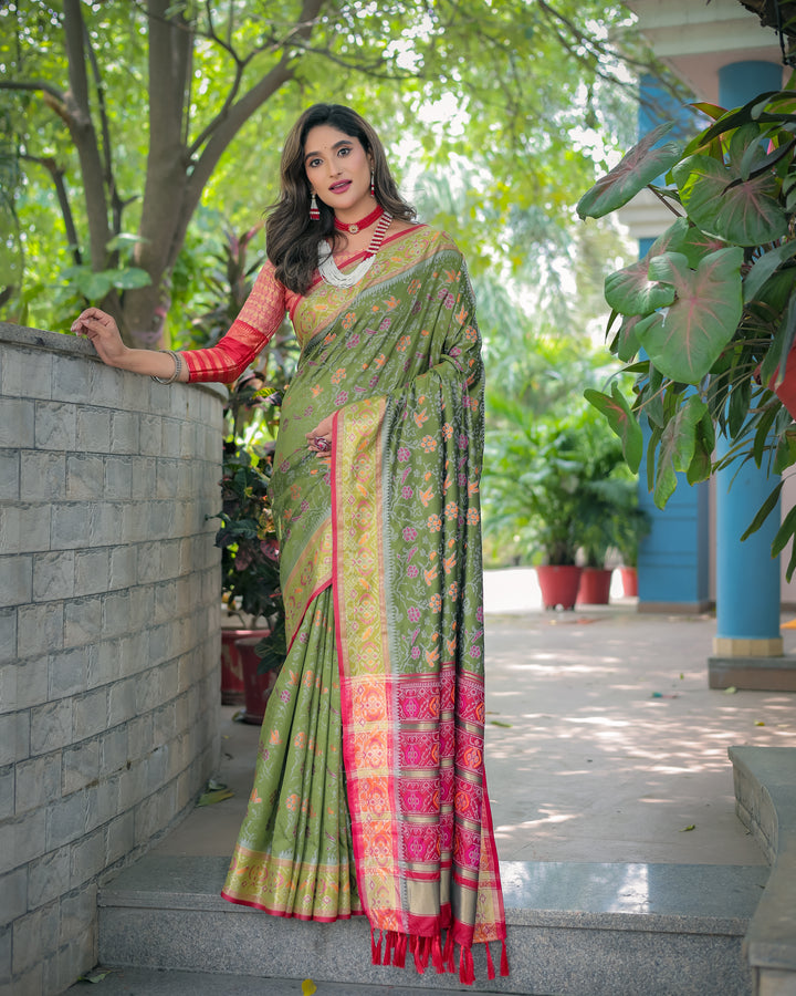 Olive Green Banarasi Patola Soft Silk Saree