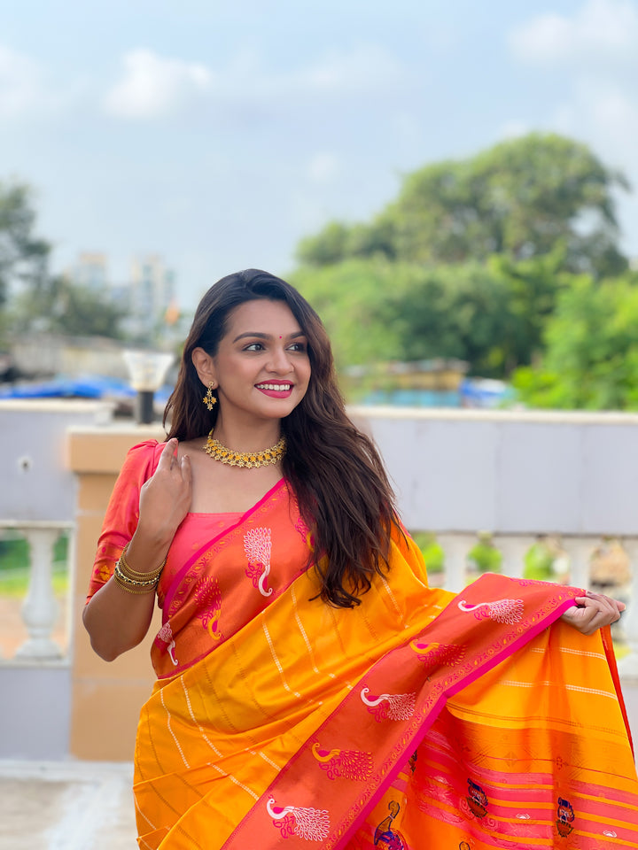 Yellow Zari Embroidered Paithani Silk Saree