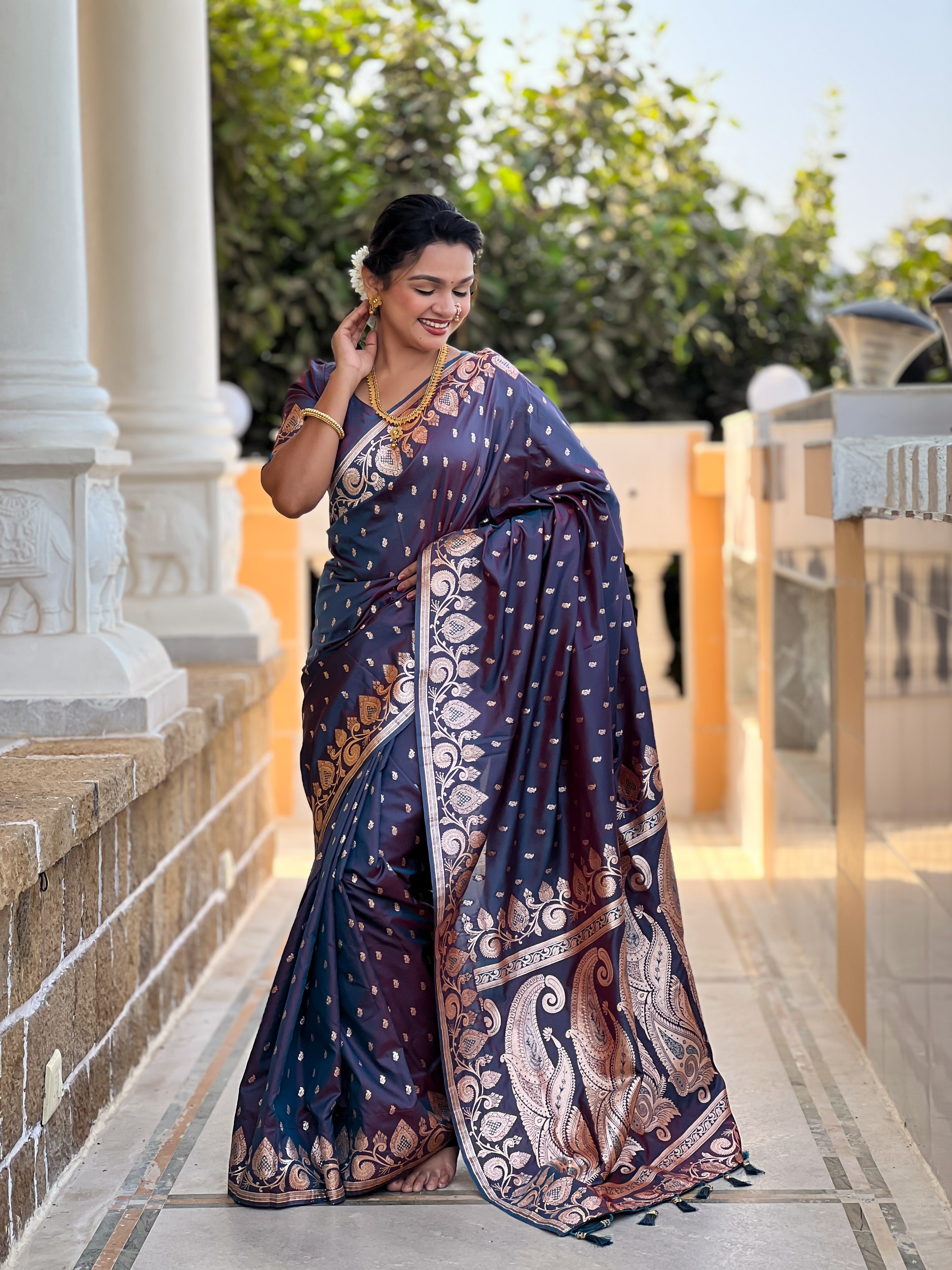Anjir Soft Banarasi Silk Blend Saree With Zari Weaving