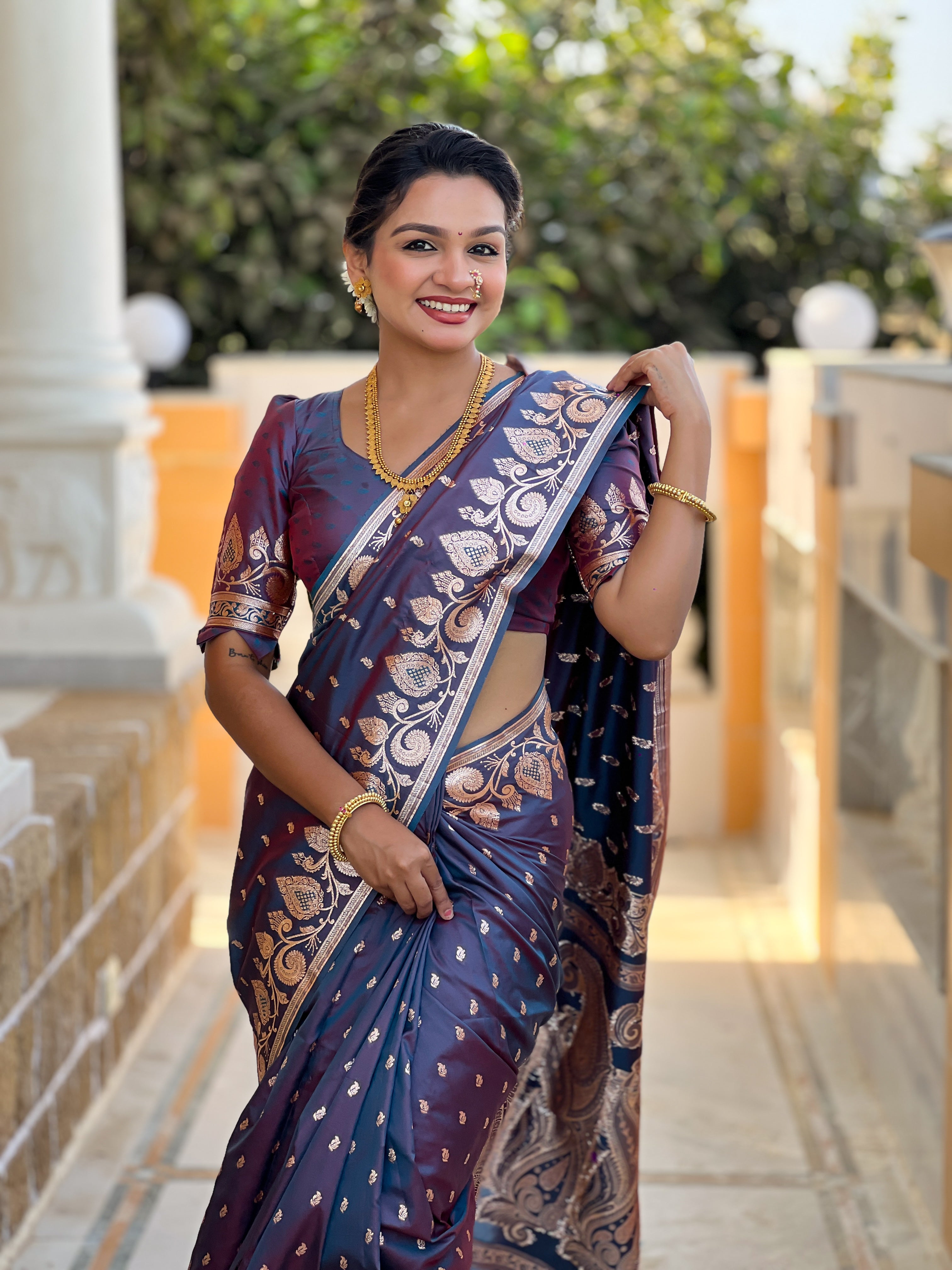 Anjir Soft Banarasi Silk Blend Saree With Zari Weaving