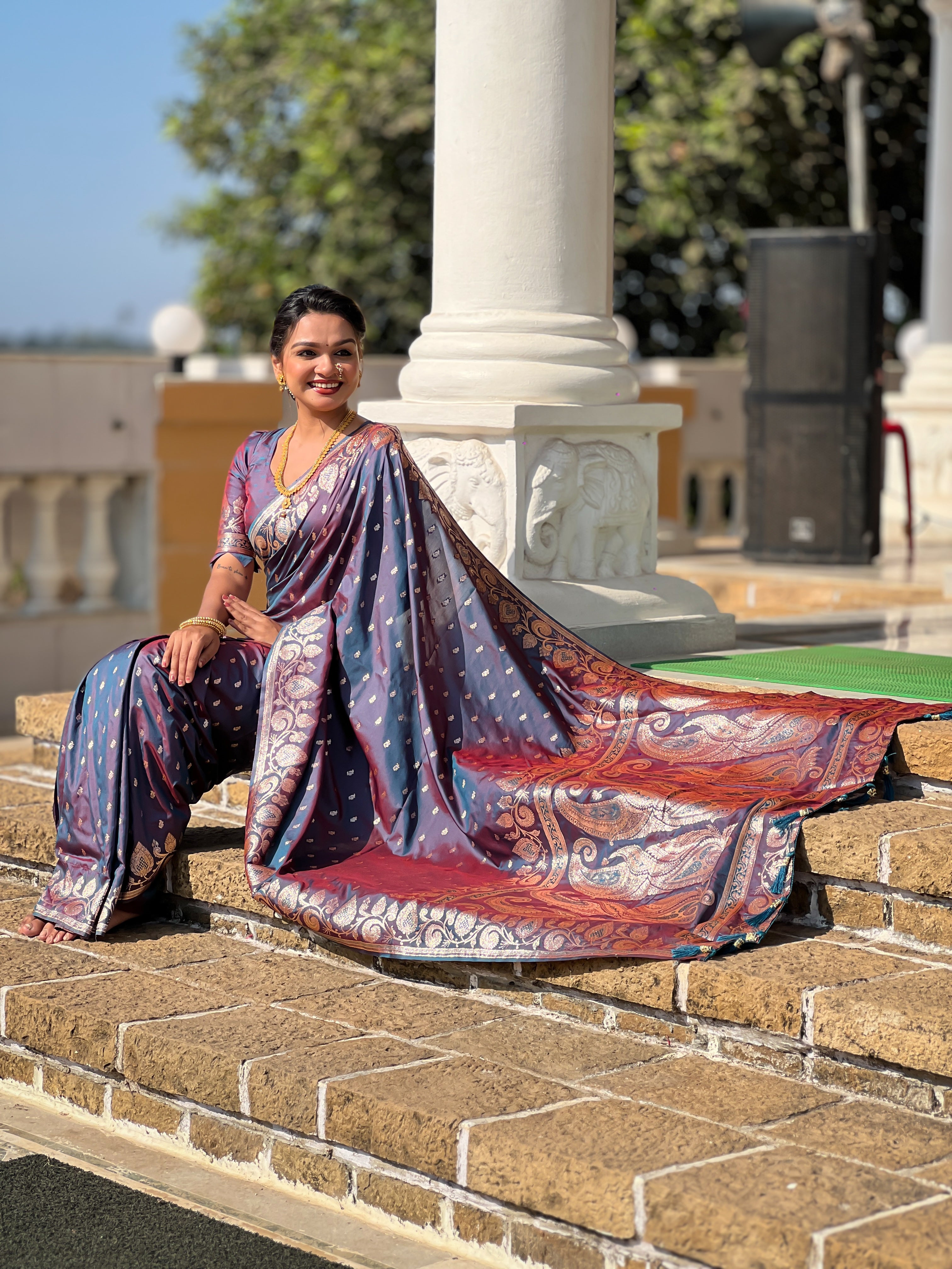 Anjir Soft Banarasi Silk Blend Saree With Zari Weaving