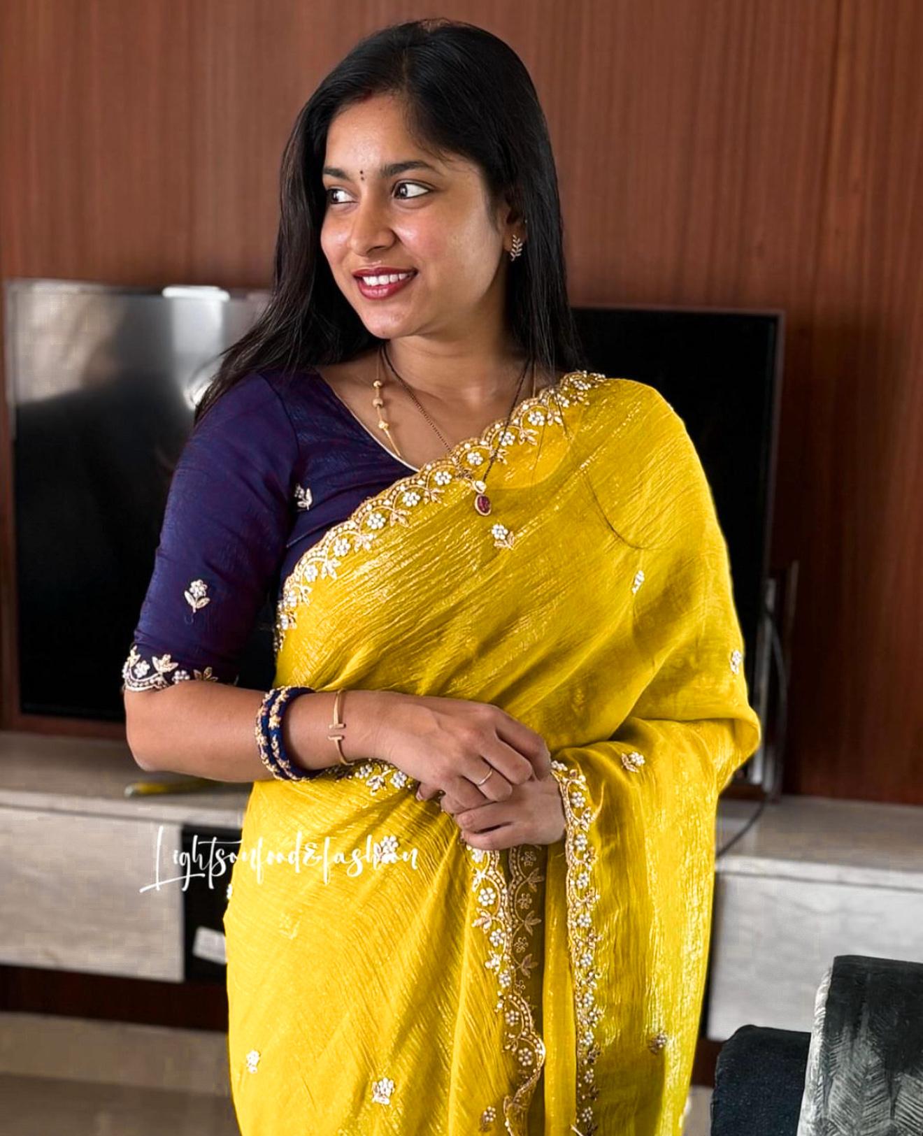 Beautiful Embroidery & Moti Work Crunchy Silk Saree