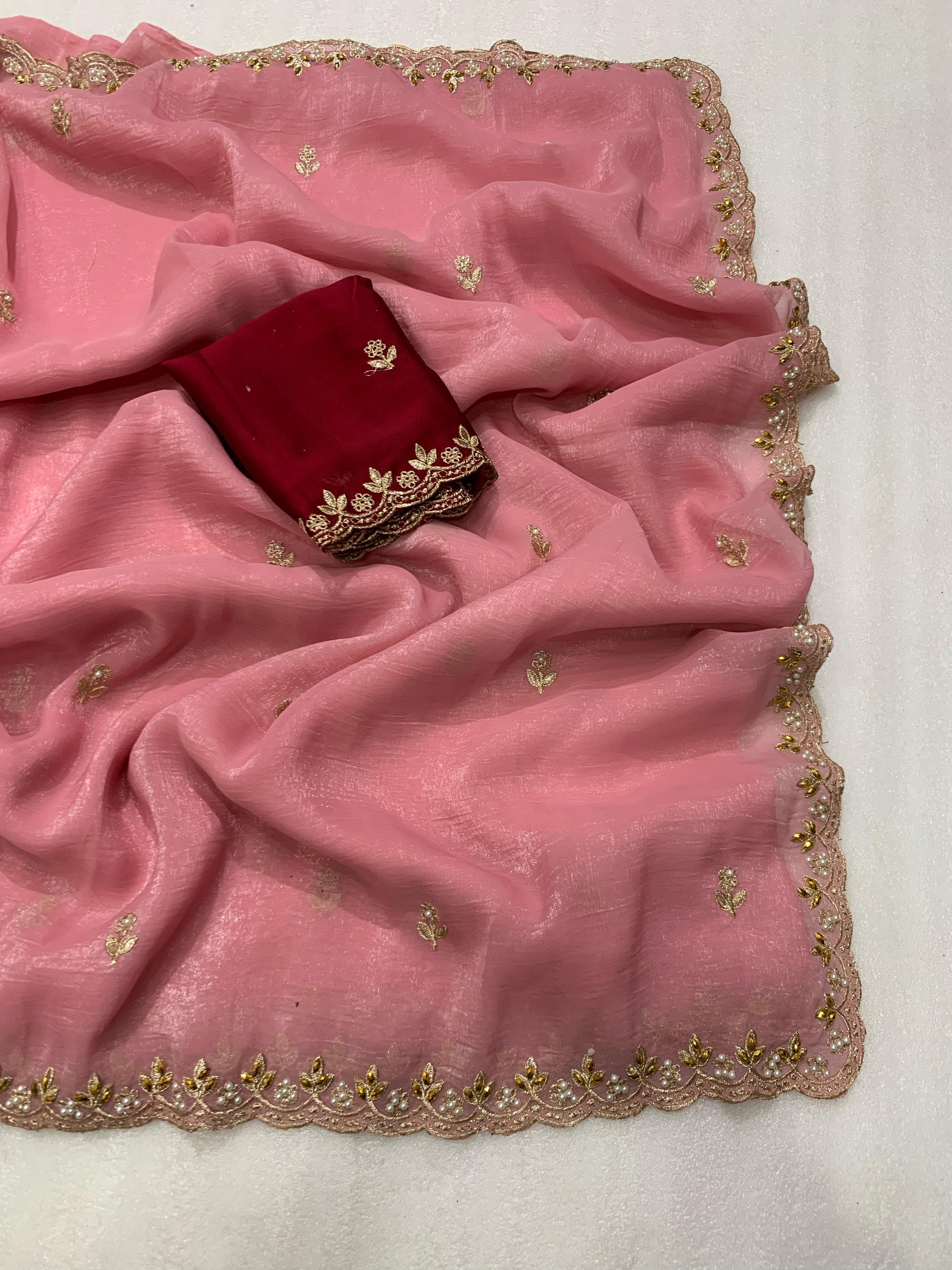 Beautiful Embroidery & Moti Work Crunchy Silk Saree