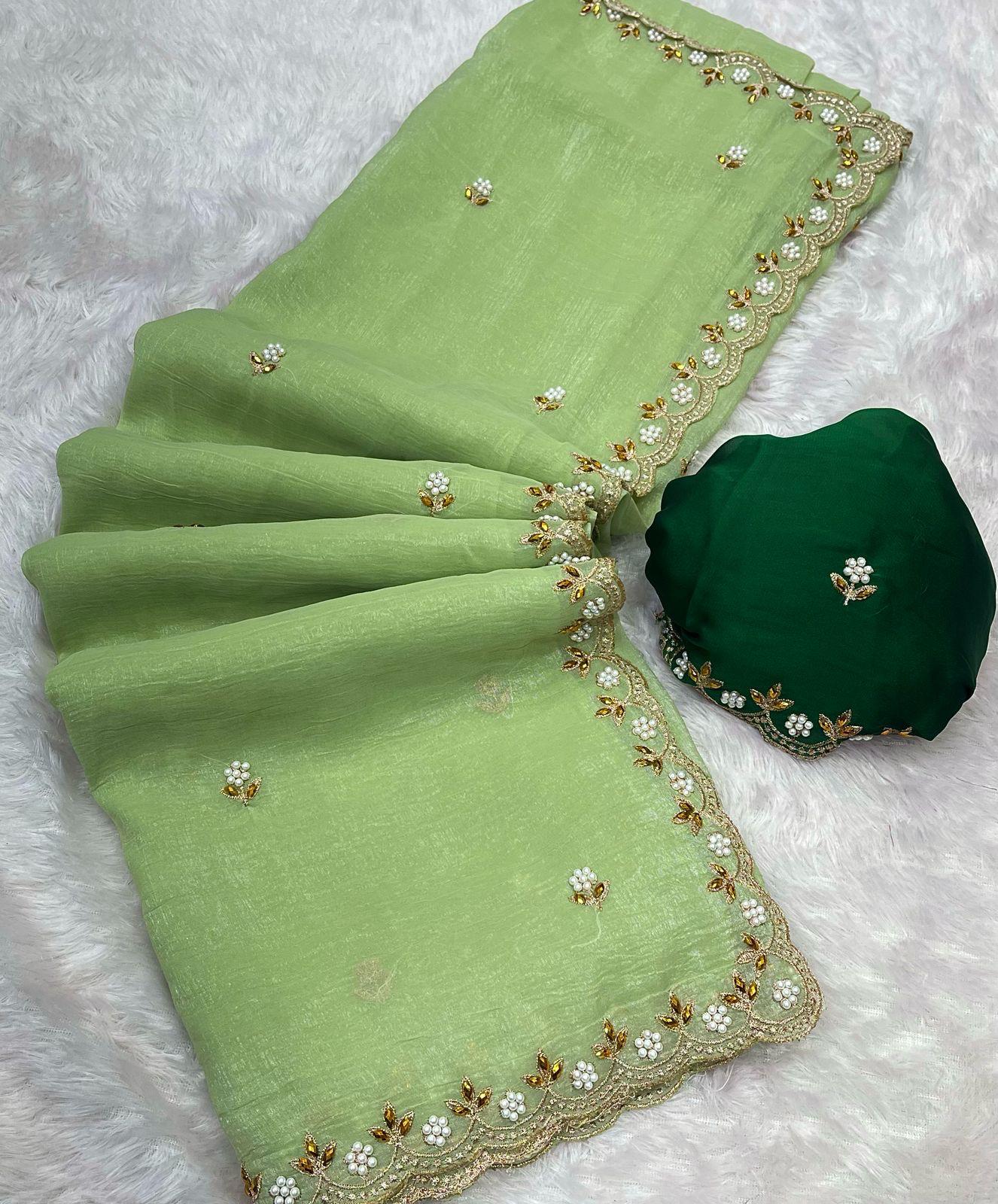 Beautiful Embroidery & Moti Work Crunchy Silk Saree