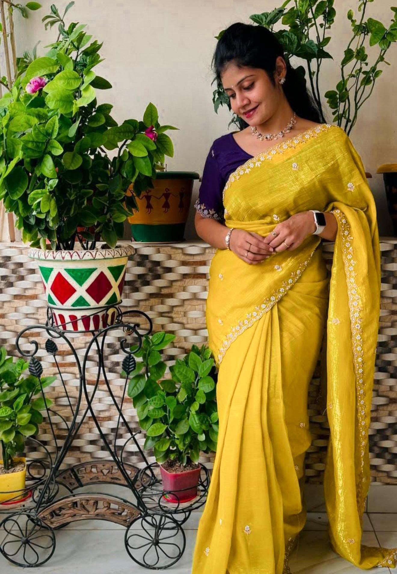 Beautiful Embroidery & Moti Work Crunchy Silk Saree