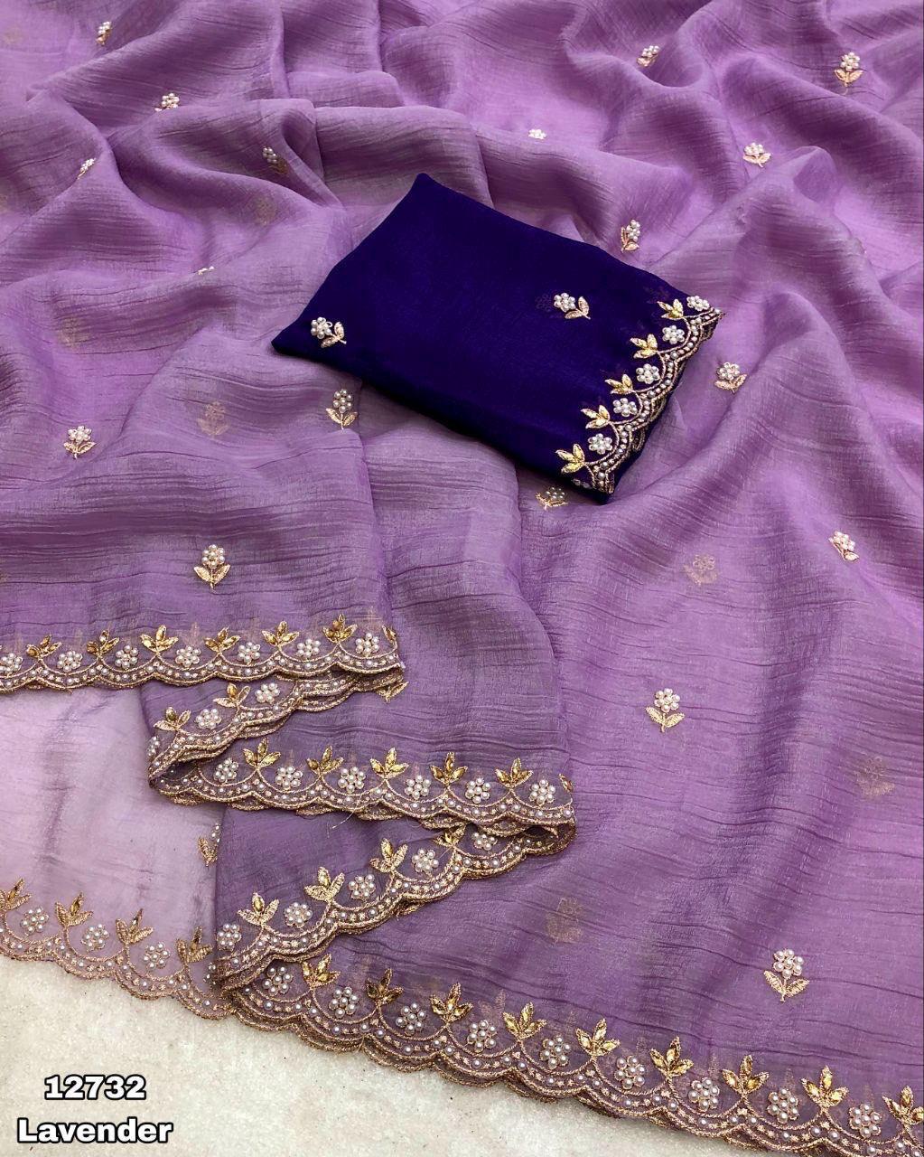 Beautiful Embroidery & Moti Work Crunchy Silk Saree