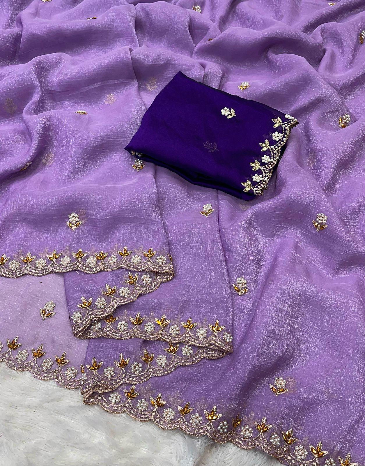 Beautiful Embroidery & Moti Work Crunchy Silk Saree