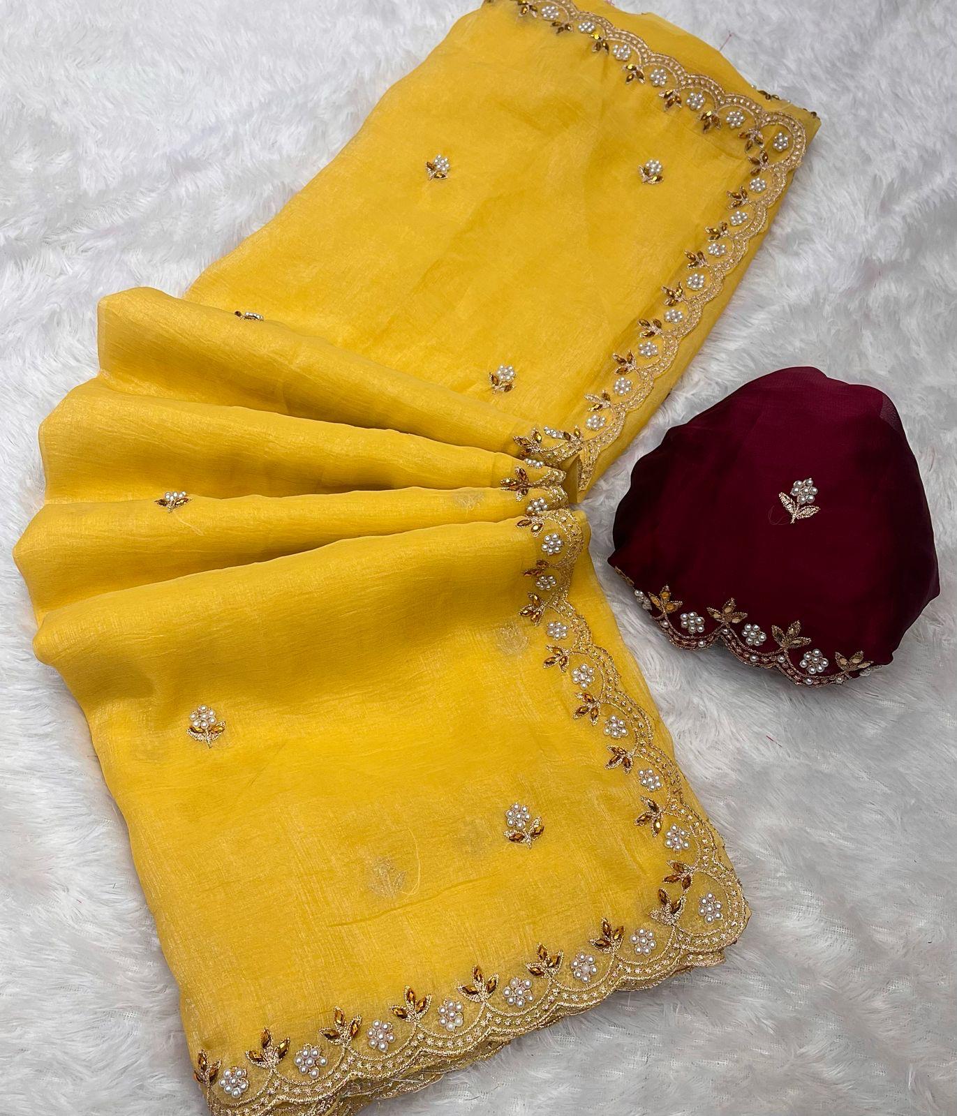 Beautiful Embroidery & Moti Work Crunchy Silk Saree