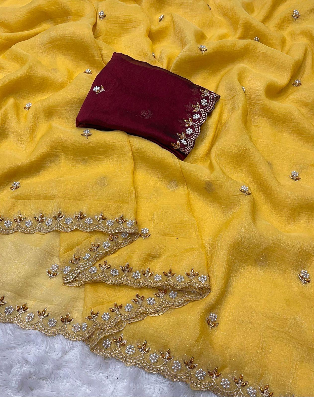 Beautiful Embroidery & Moti Work Crunchy Silk Saree