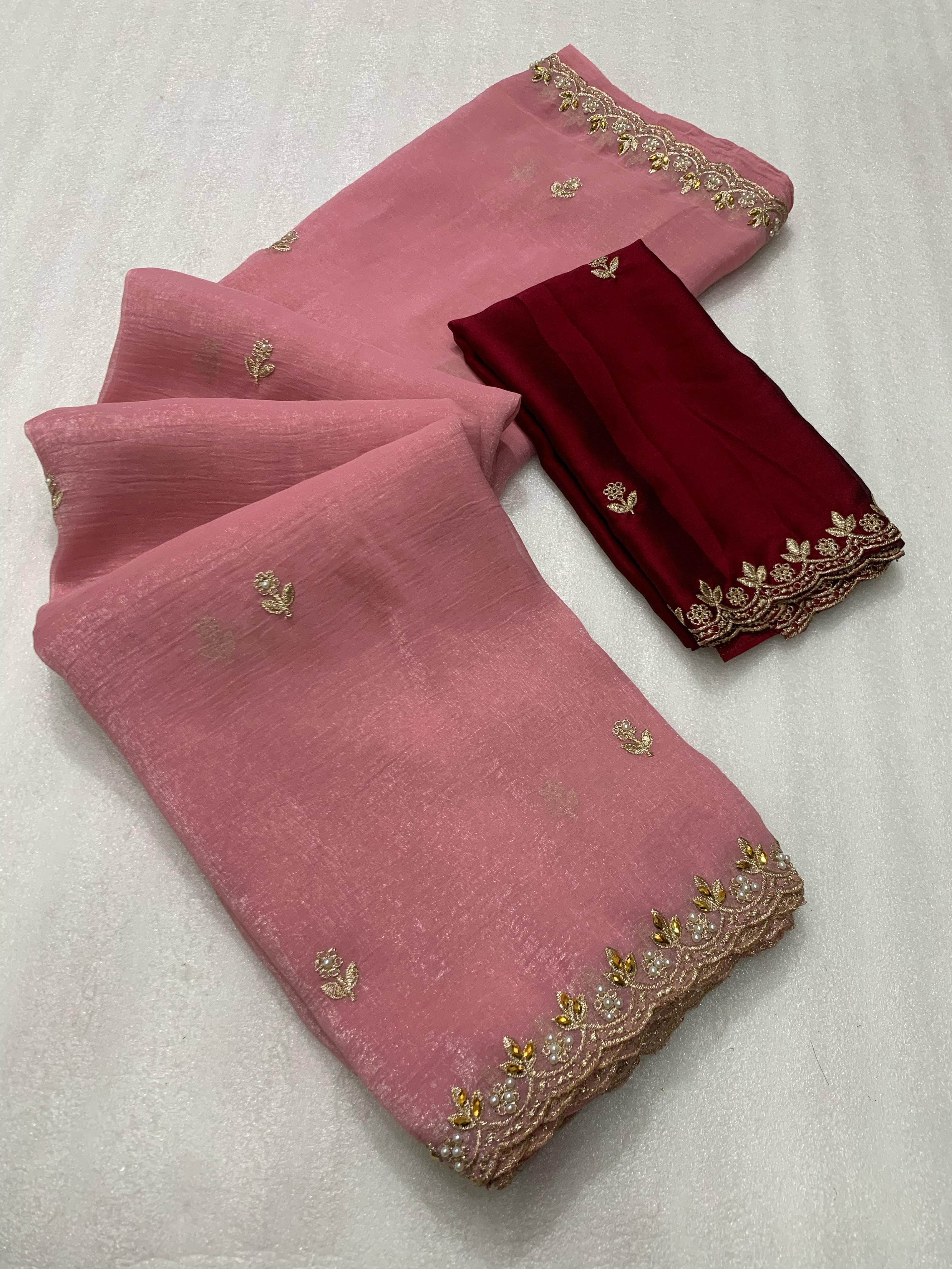 Beautiful Embroidery & Moti Work Crunchy Silk Saree