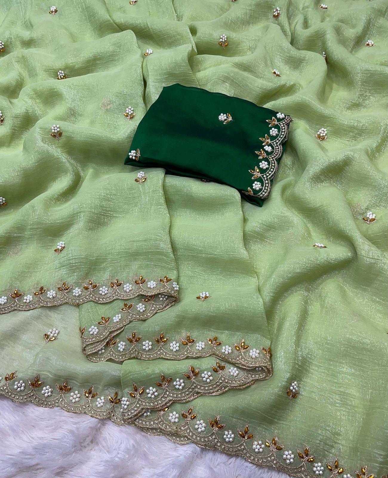 Beautiful Embroidery & Moti Work Crunchy Silk Saree