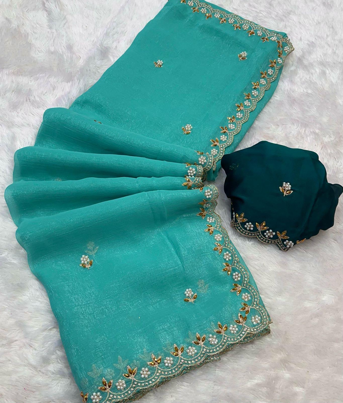 Beautiful Embroidery & Moti Work Crunchy Silk Saree