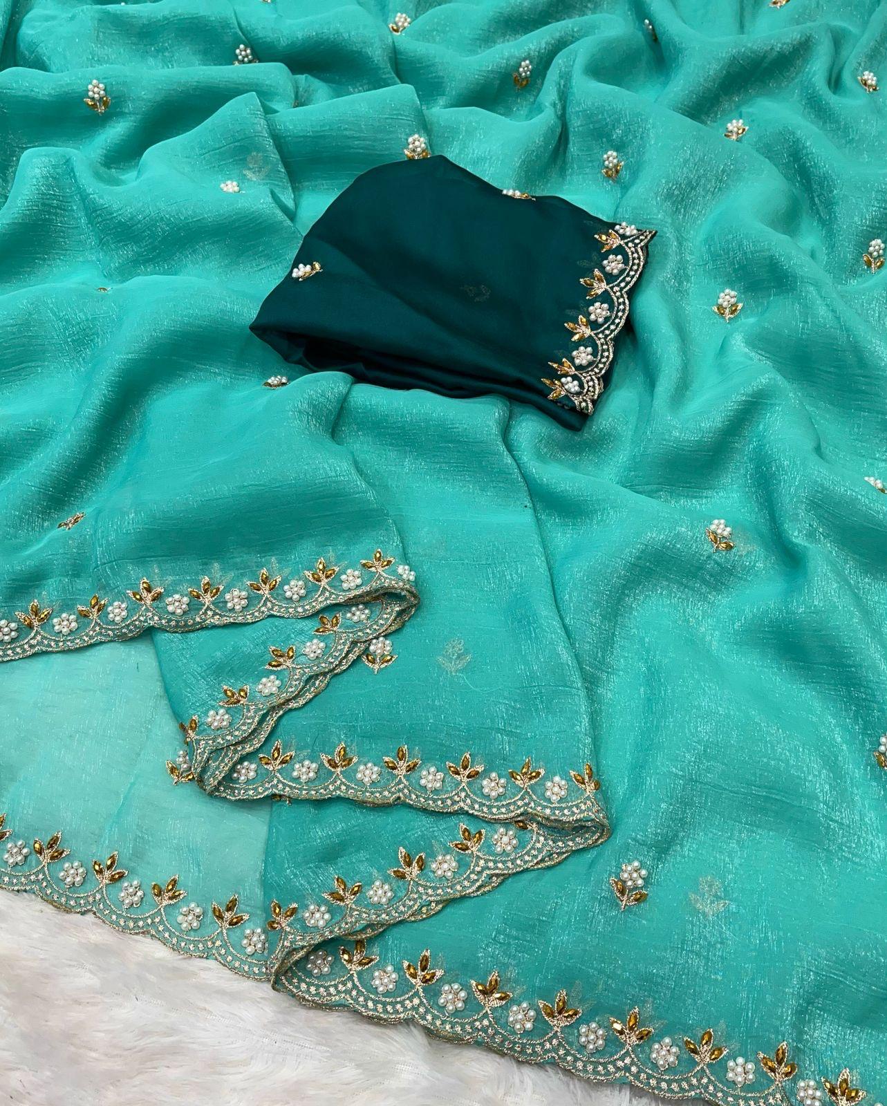 Beautiful Embroidery & Moti Work Crunchy Silk Saree