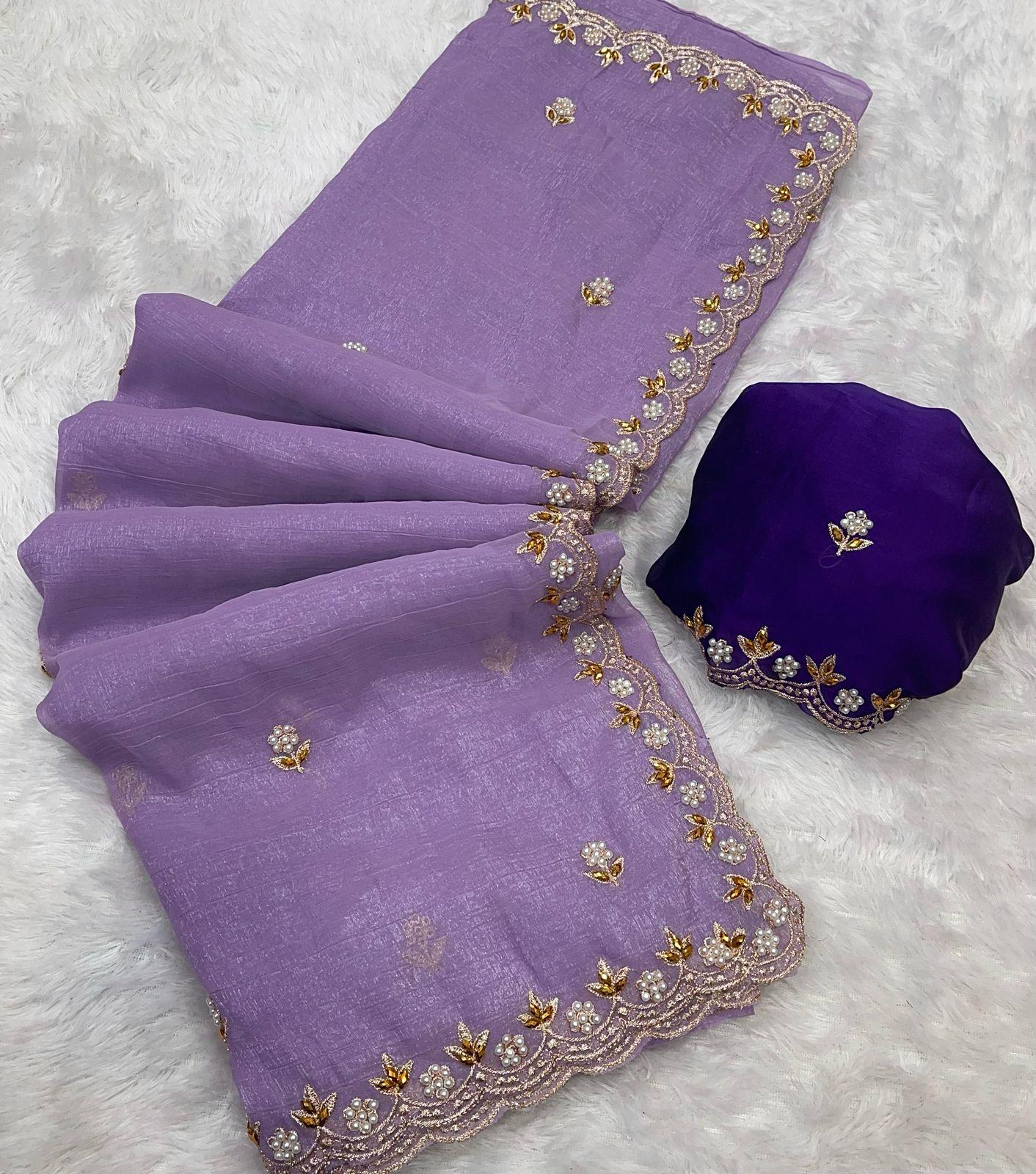 Beautiful Embroidery & Moti Work Crunchy Silk Saree