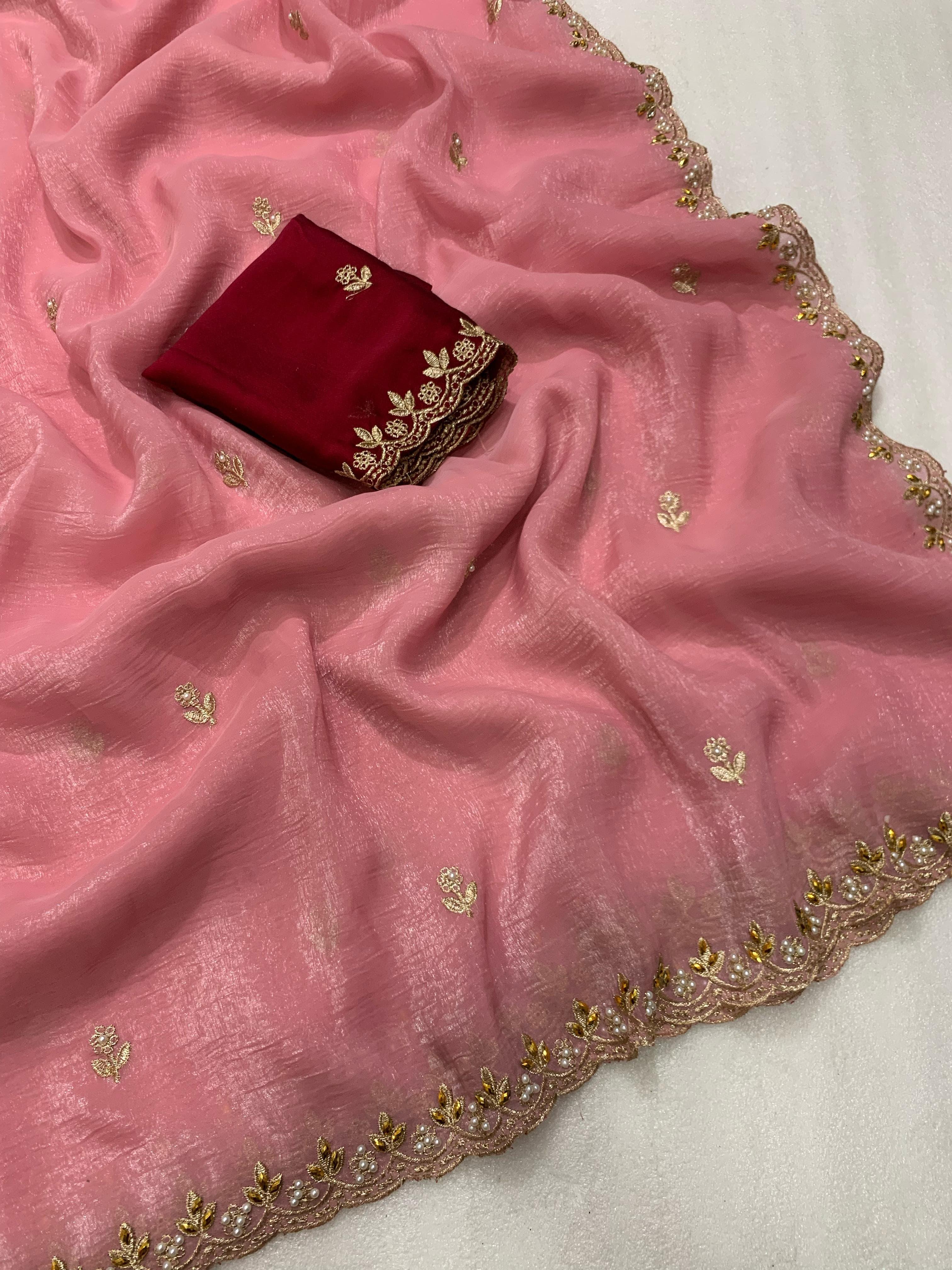 Beautiful Embroidery & Moti Work Crunchy Silk Saree