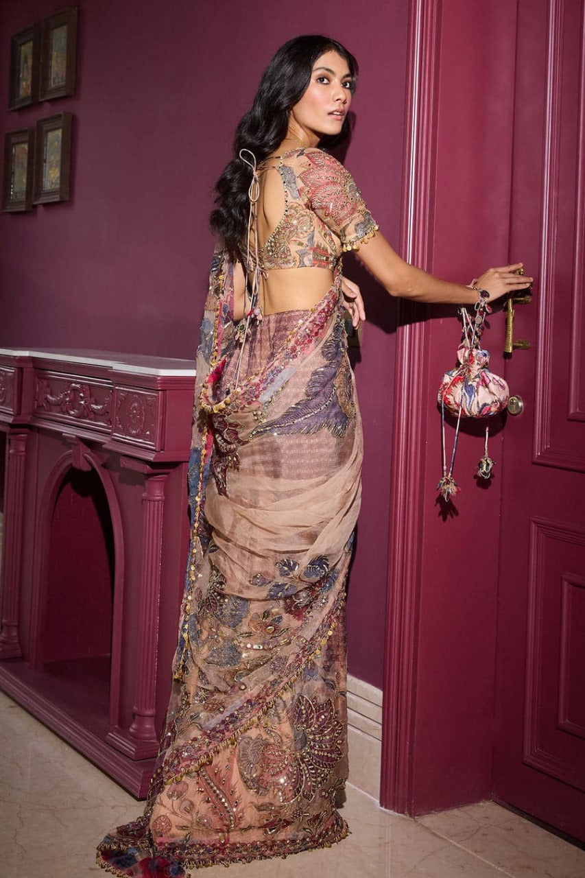 Beige Georgette Hand Mirror Work Saree