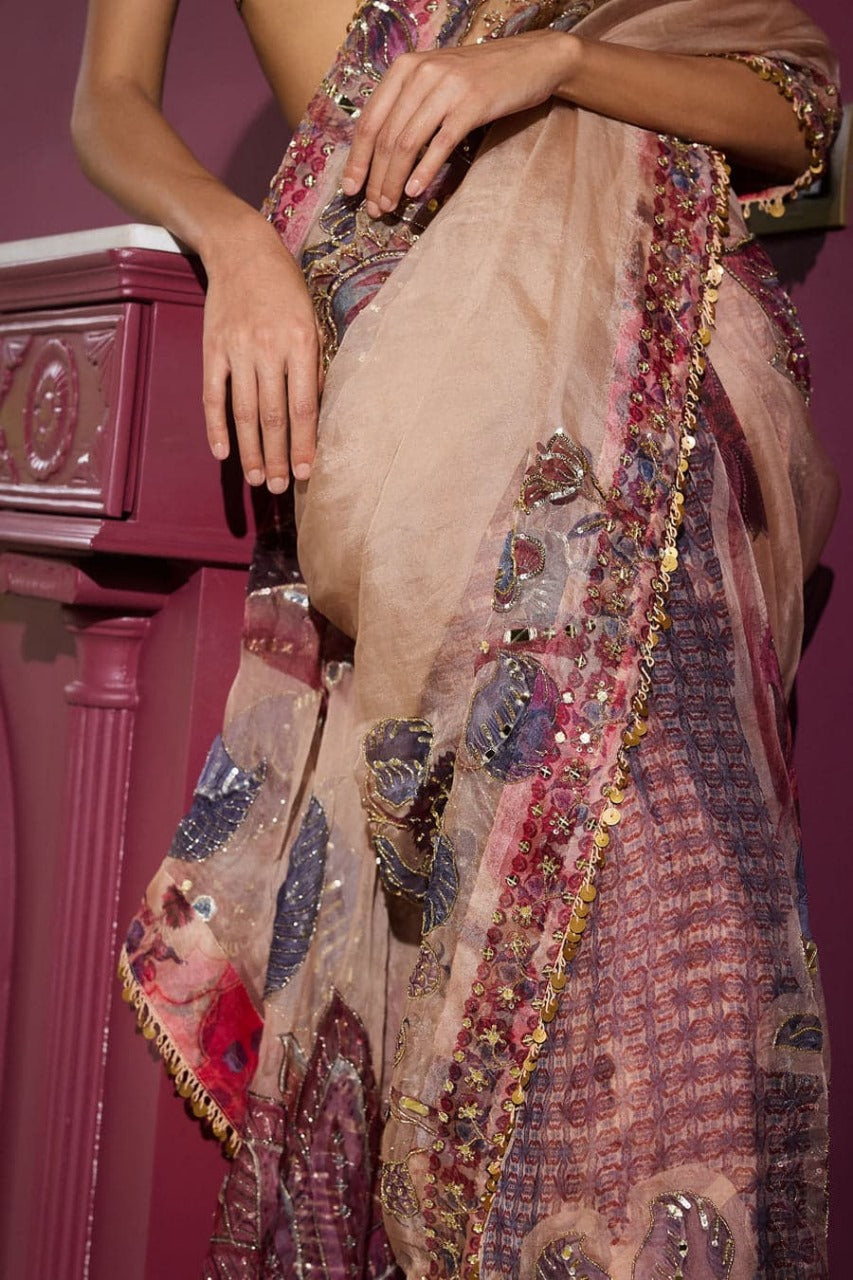 Beige Georgette Hand Mirror Work Saree