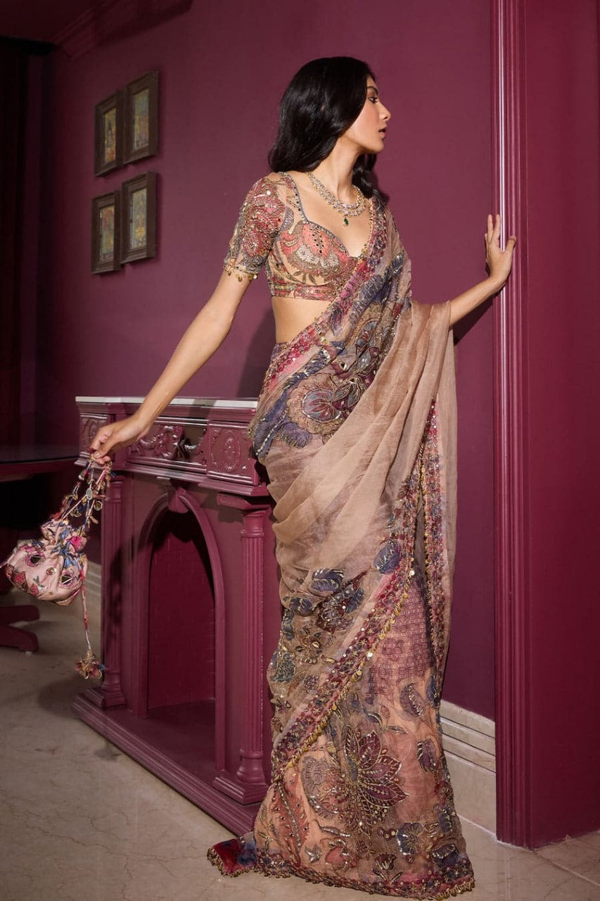 Beige Georgette Hand Mirror Work Saree