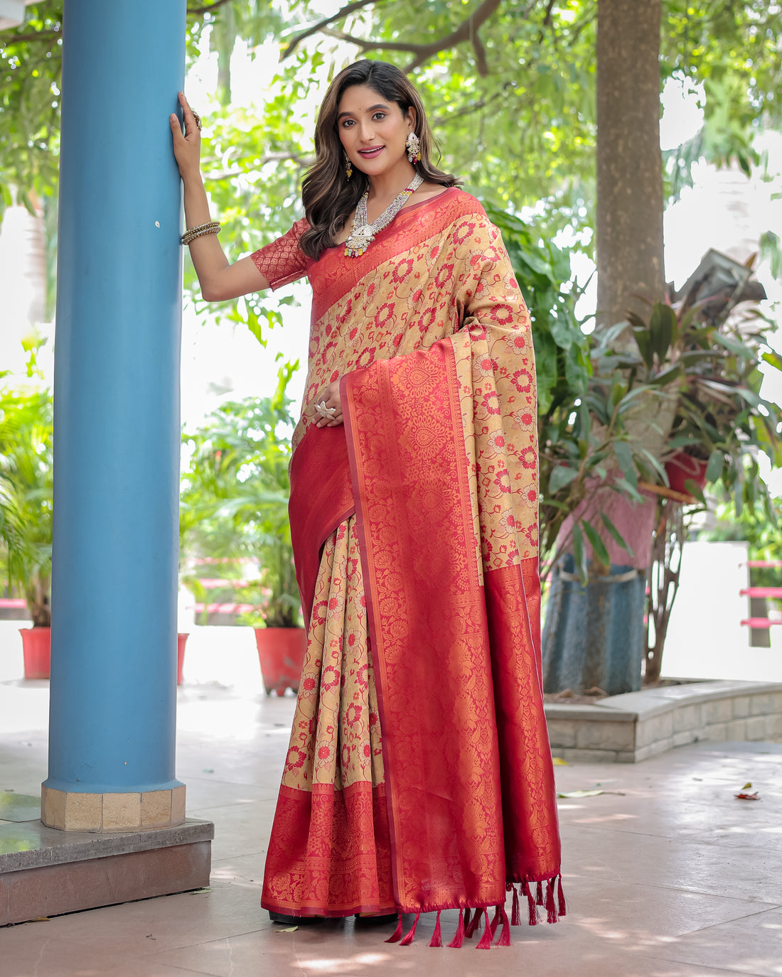 Beige Designer Tassels Banarsi Silk Saree