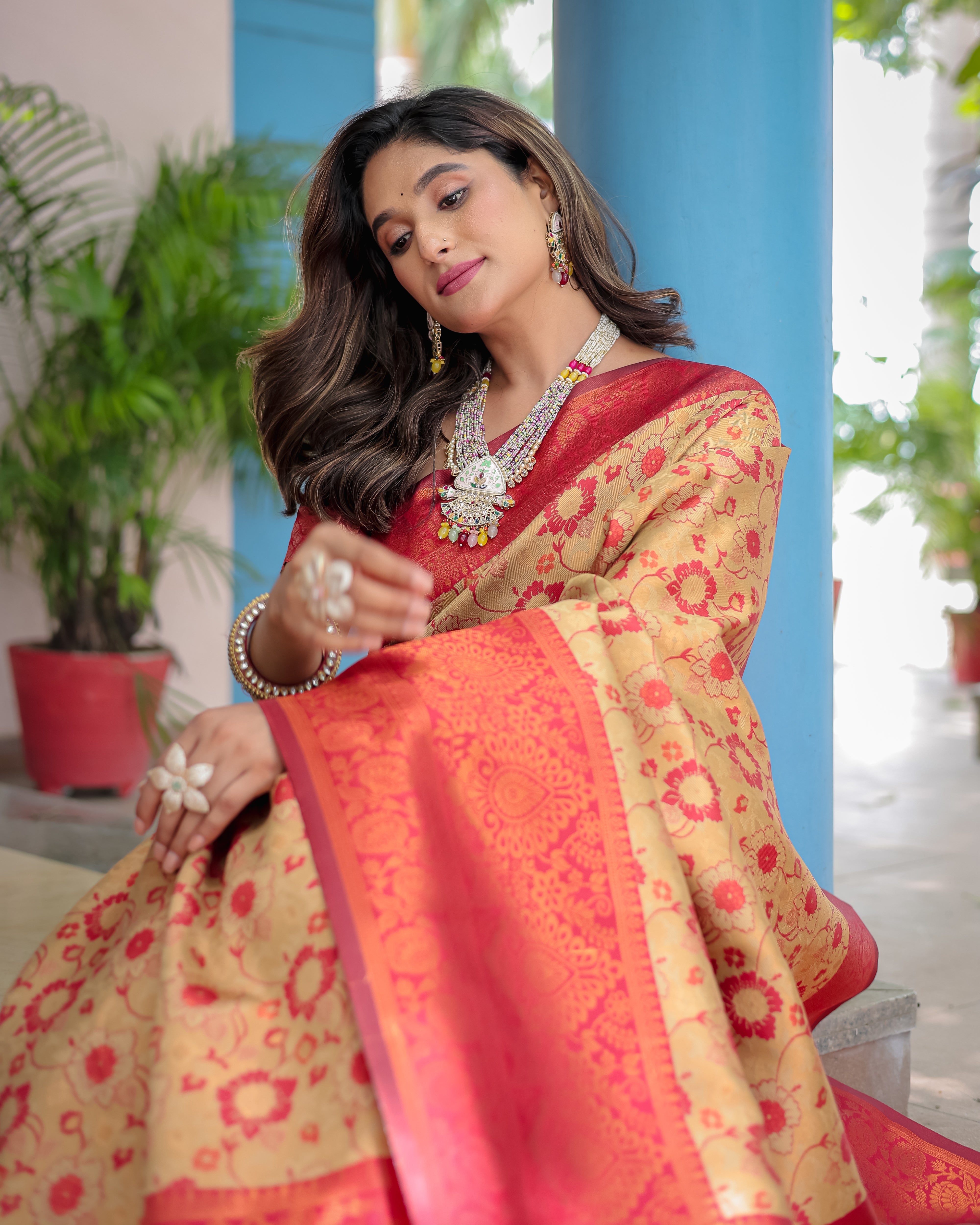 Beige Designer Tassels Banarsi Silk Saree