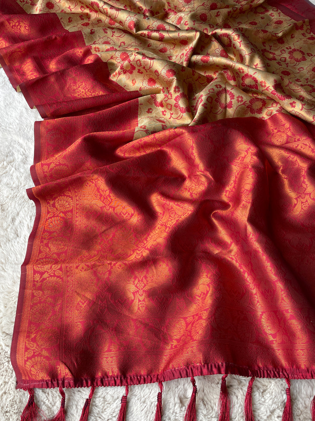 Beige Designer Tassels Banarsi Silk Saree