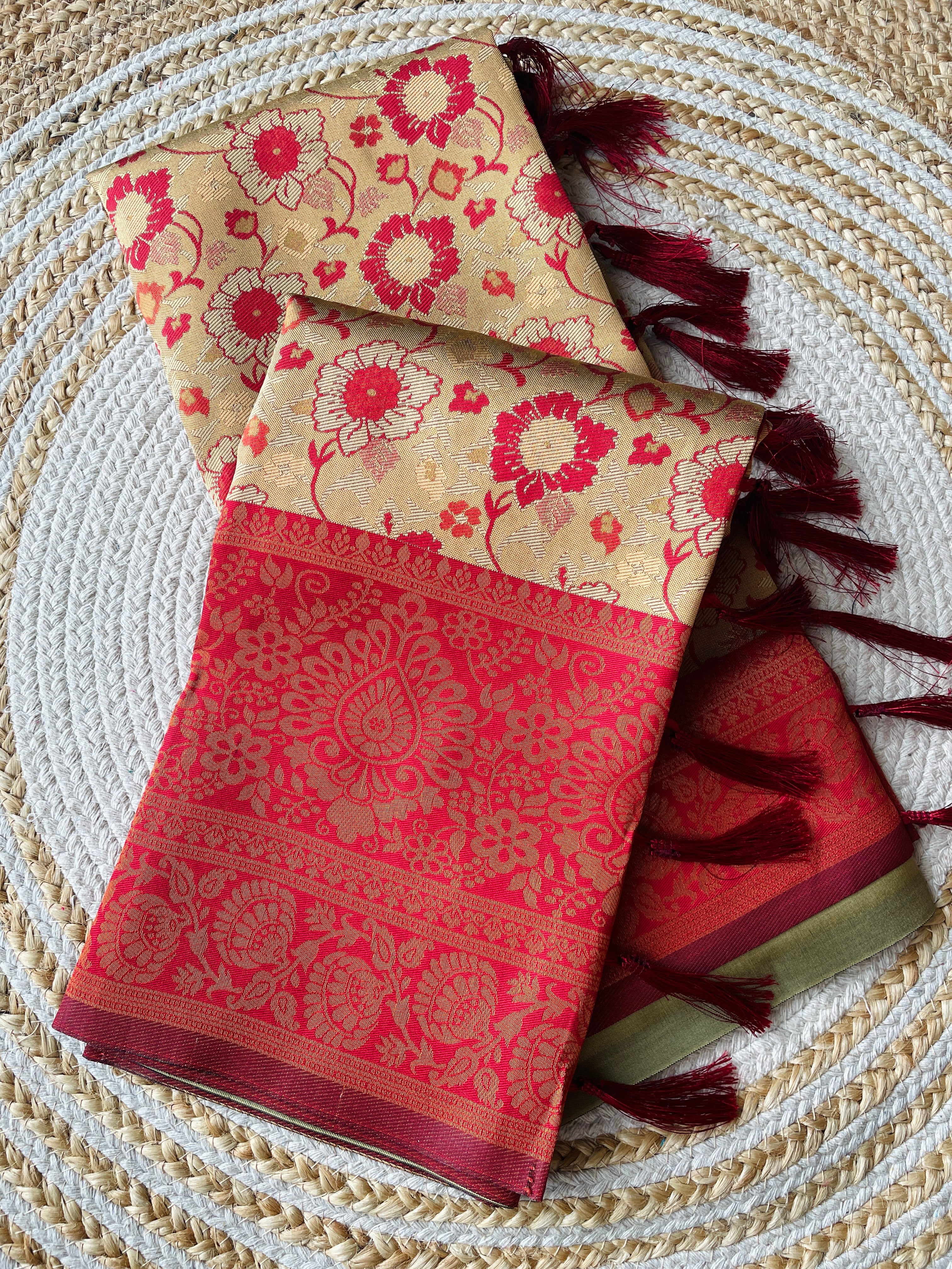 Beige Designer Tassels Banarsi Silk Saree