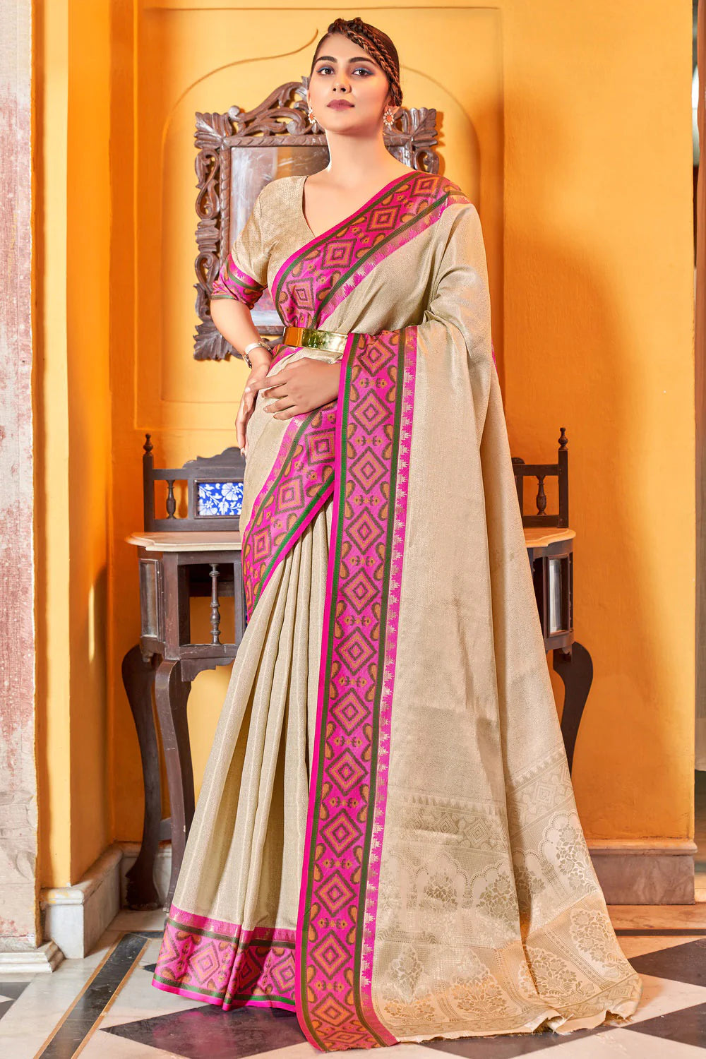 Beige Kanjivaram Patola Silk Saree