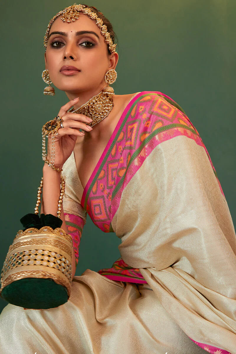 Beige Kanjivaram Patola Silk Saree