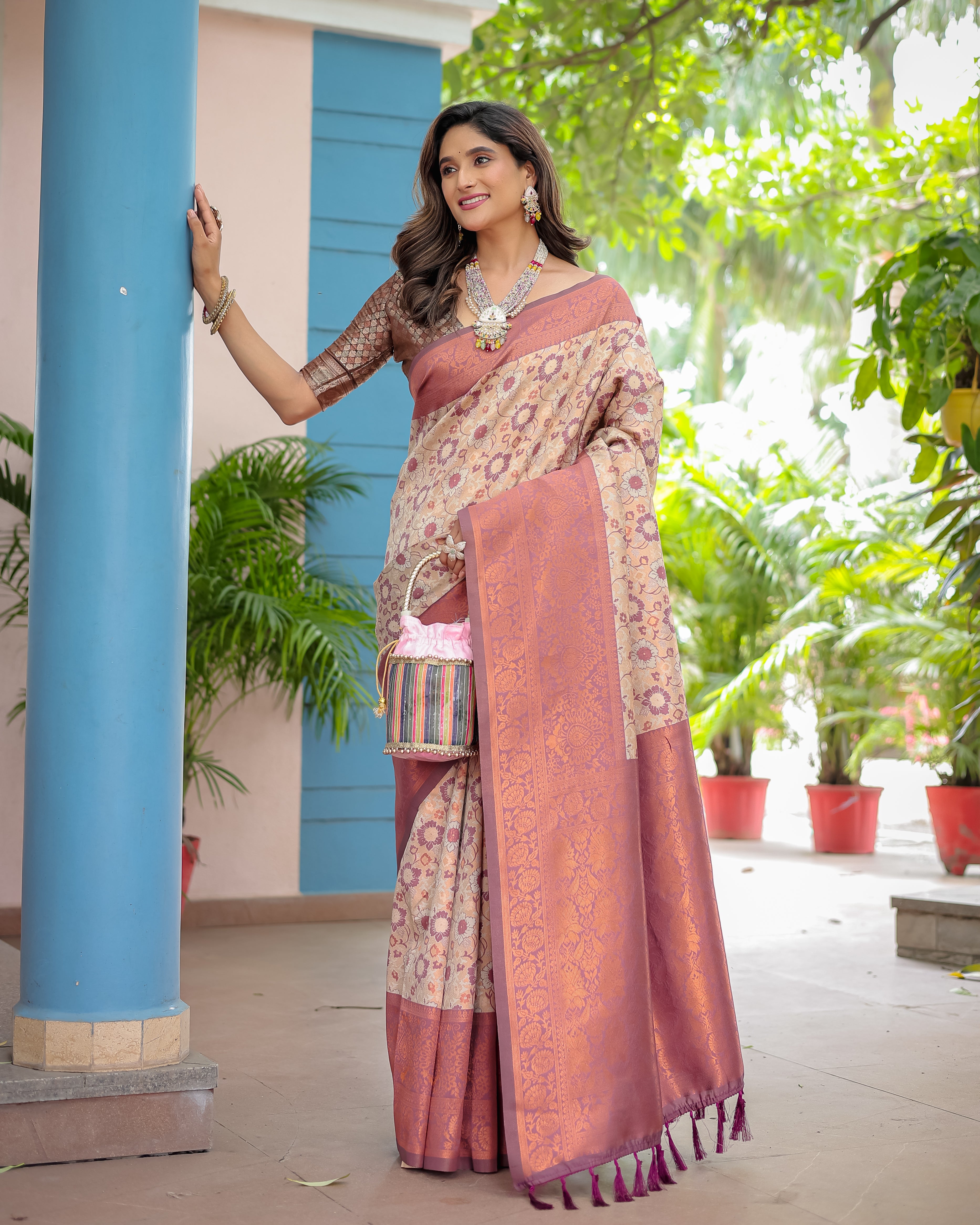 Beige and Brown Designer Tassels Banarsi Silk Saree