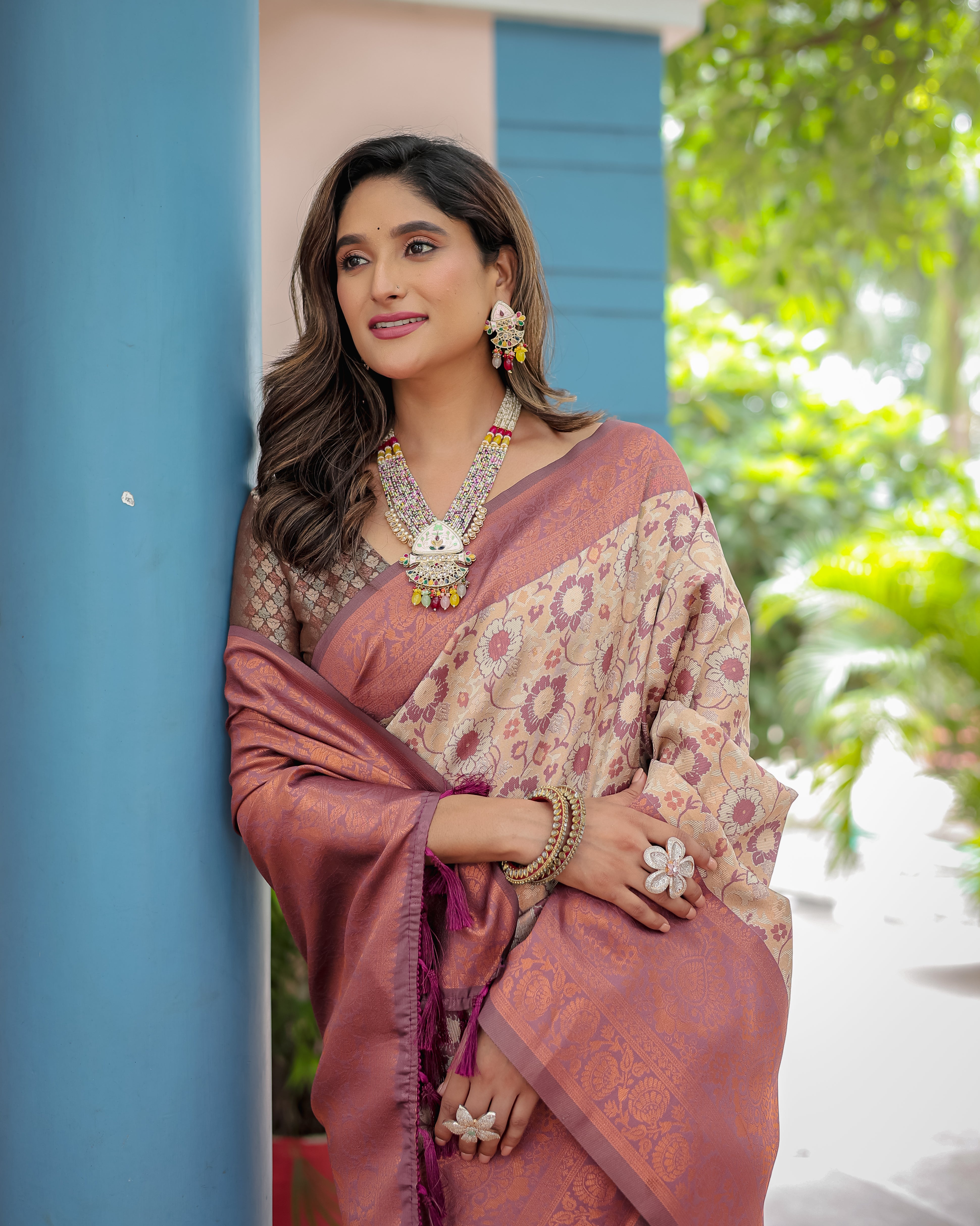 Beige and Brown Designer Tassels Banarsi Silk Saree