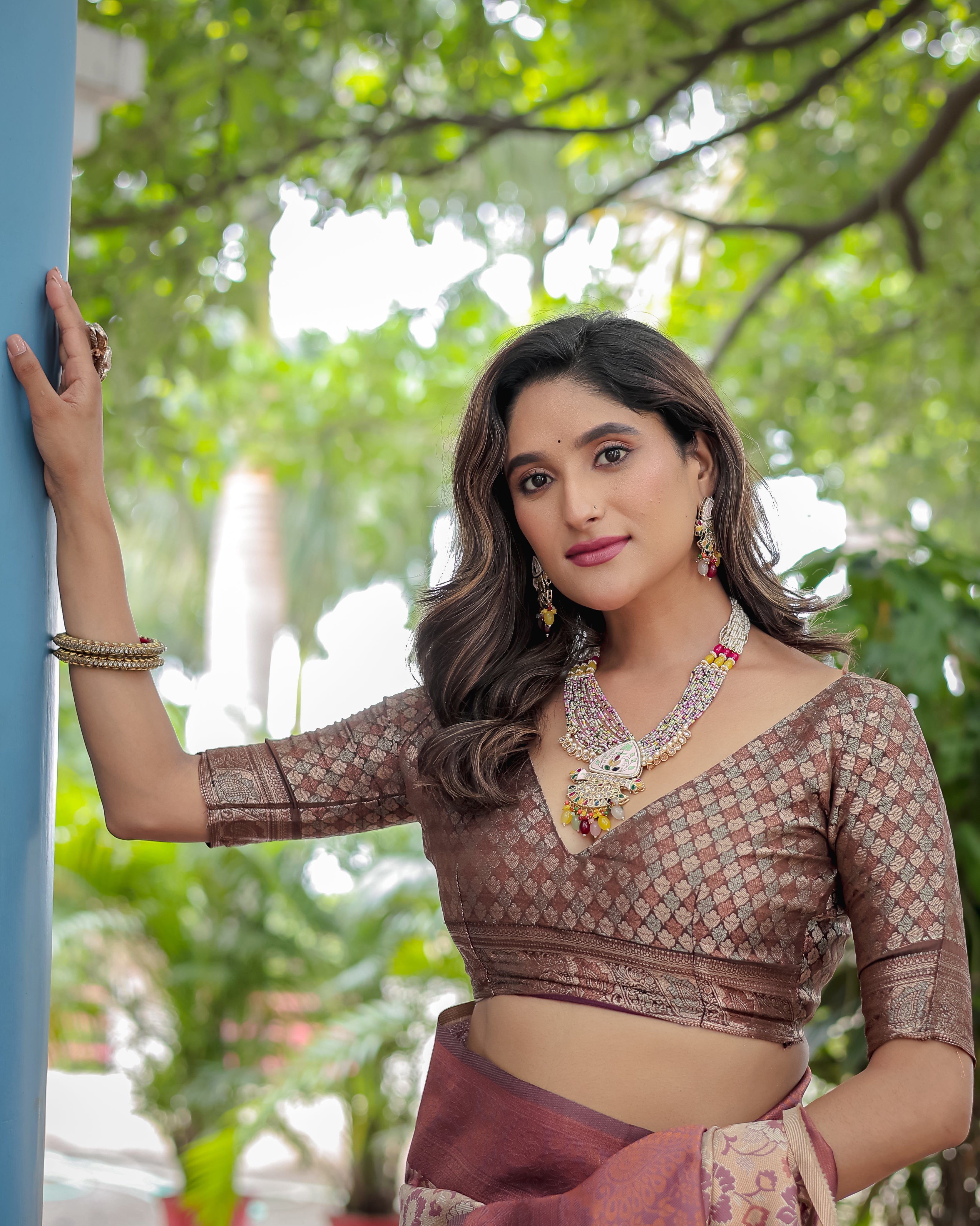 Beige and Brown Designer Tassels Banarsi Silk Saree