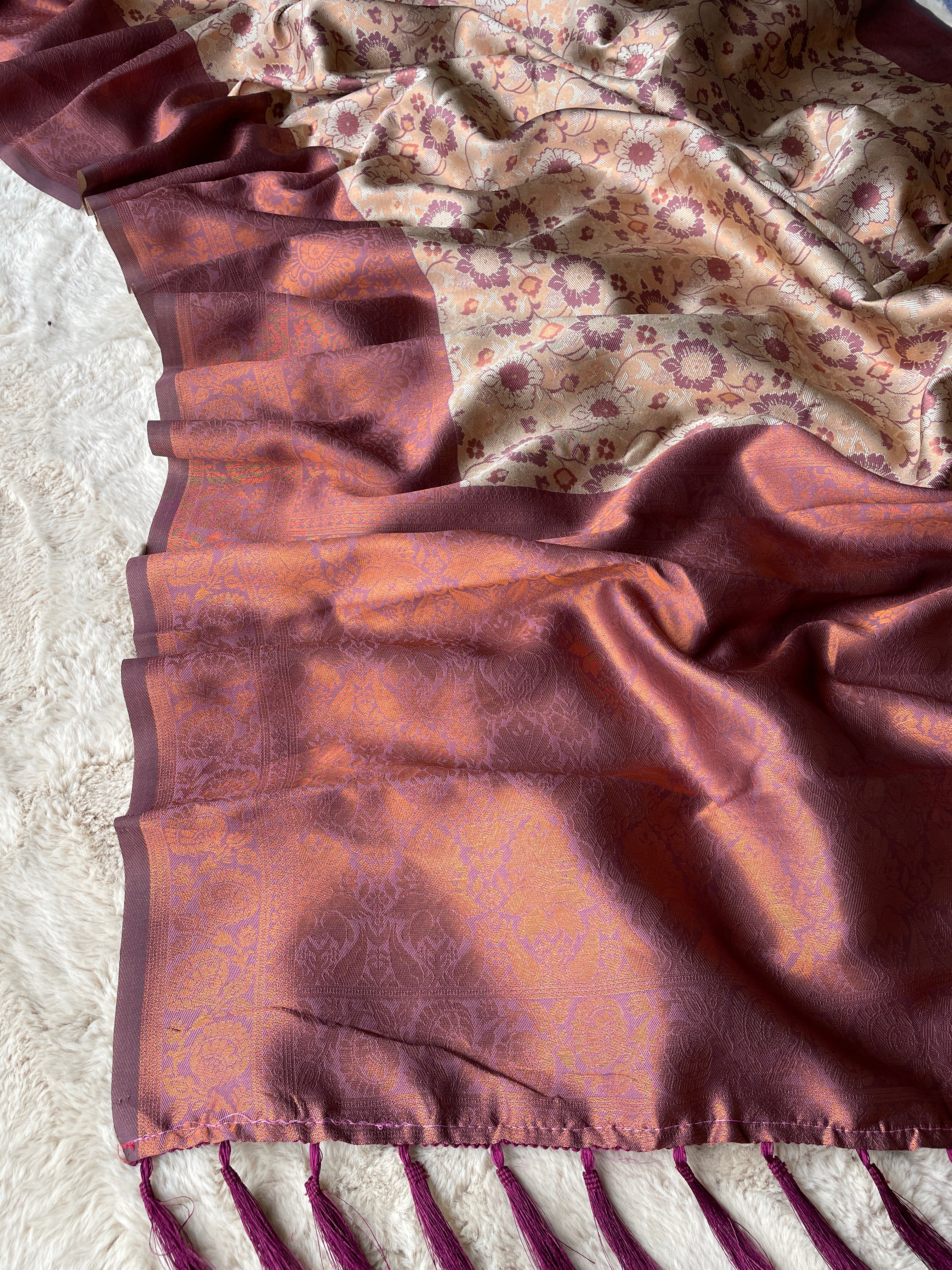 Beige and Brown Designer Tassels Banarsi Silk Saree