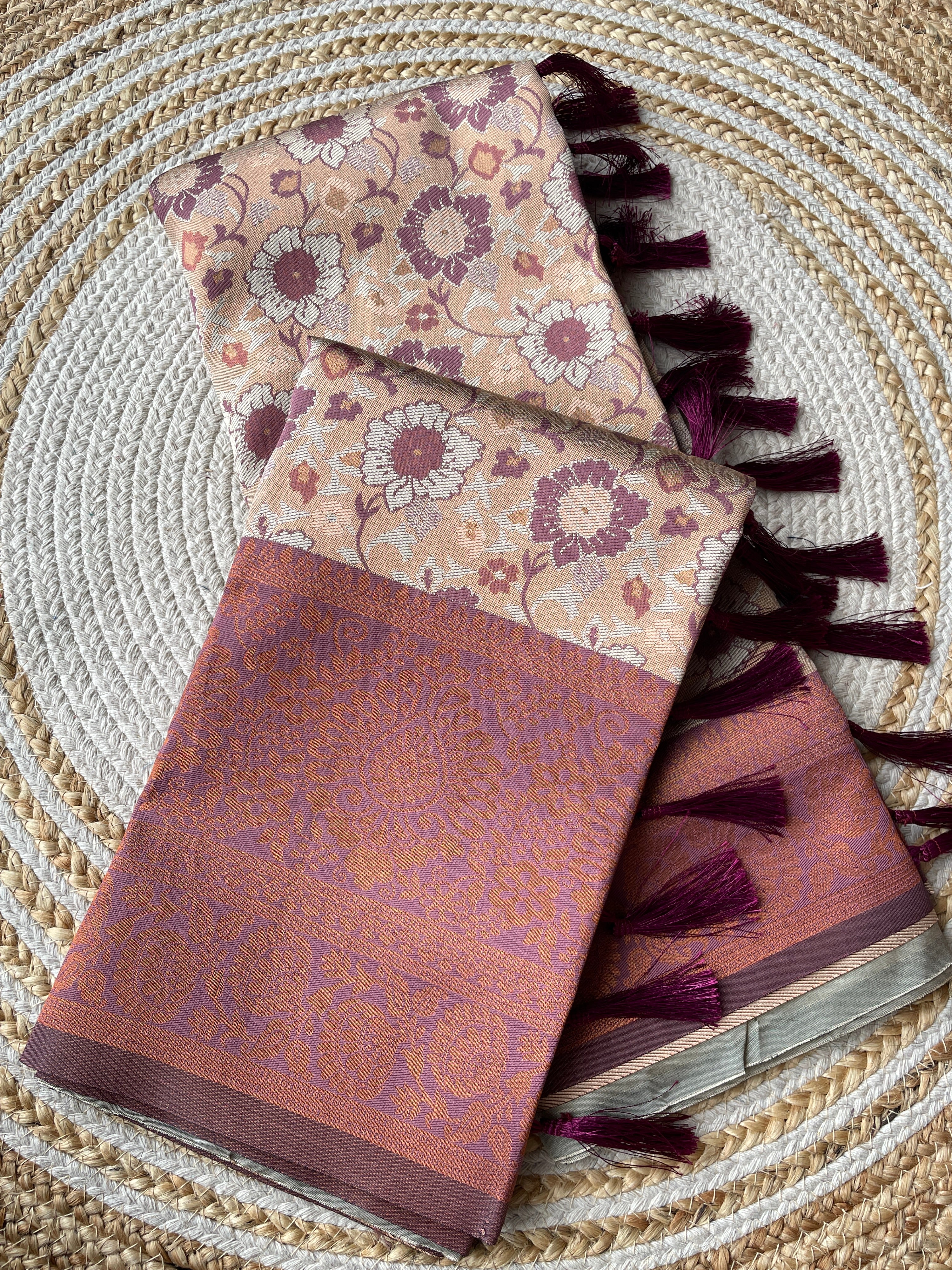 Beige and Brown Designer Tassels Banarsi Silk Saree