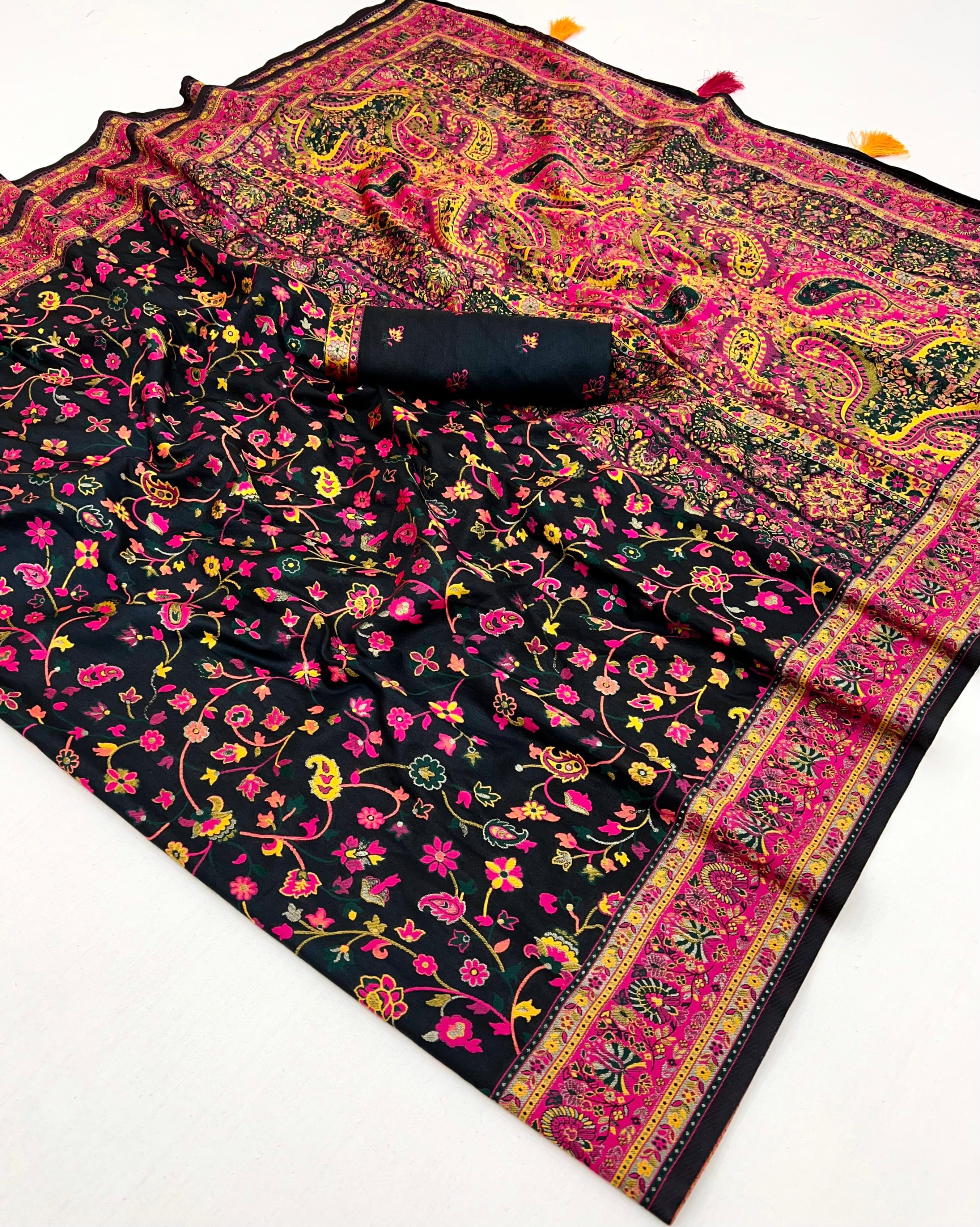Black Pashmina Kashmiri Sarees with meena weaves and kashmiri weaves