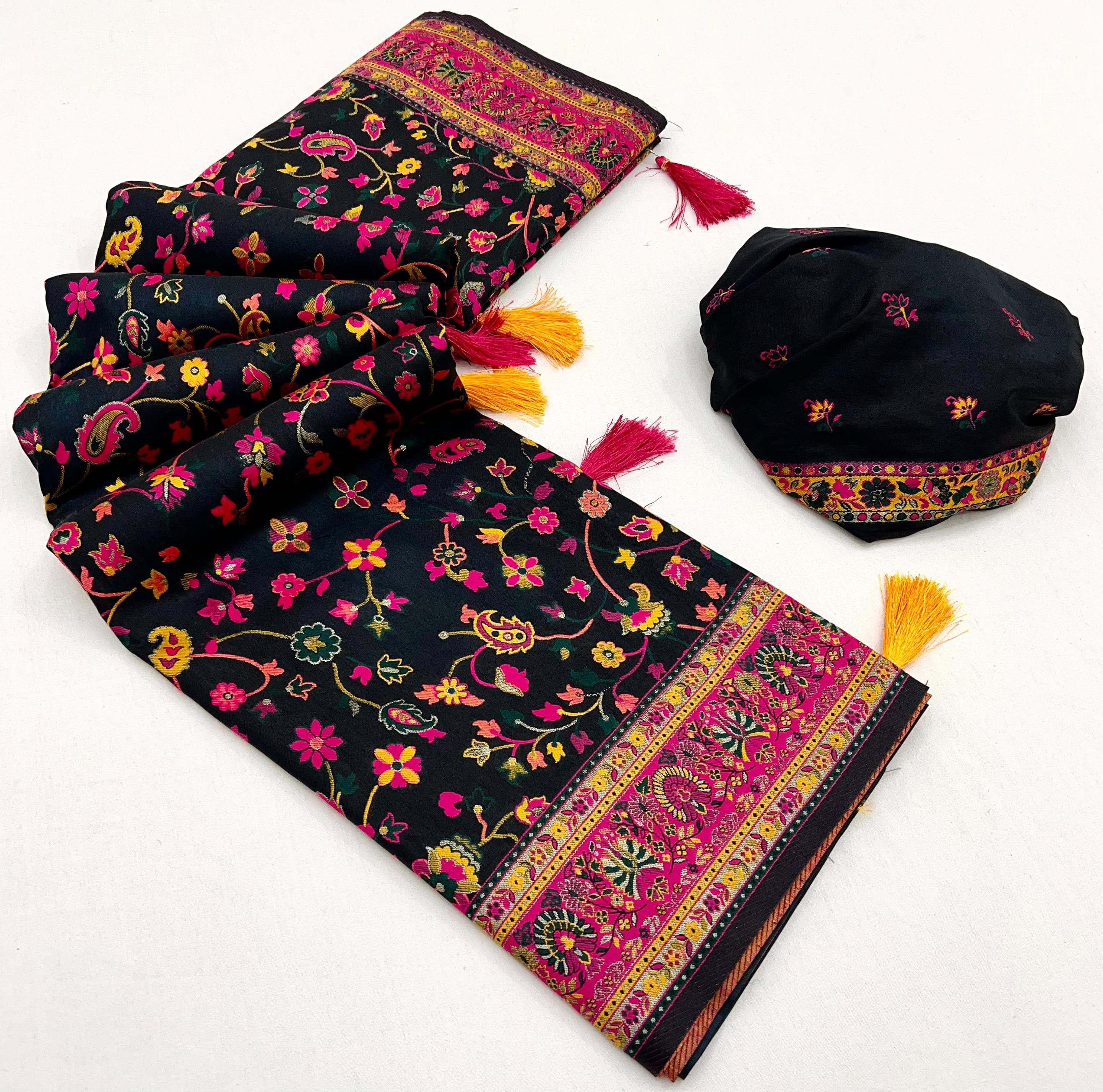 Black Pashmina Kashmiri Sarees with meena weaves and kashmiri weaves