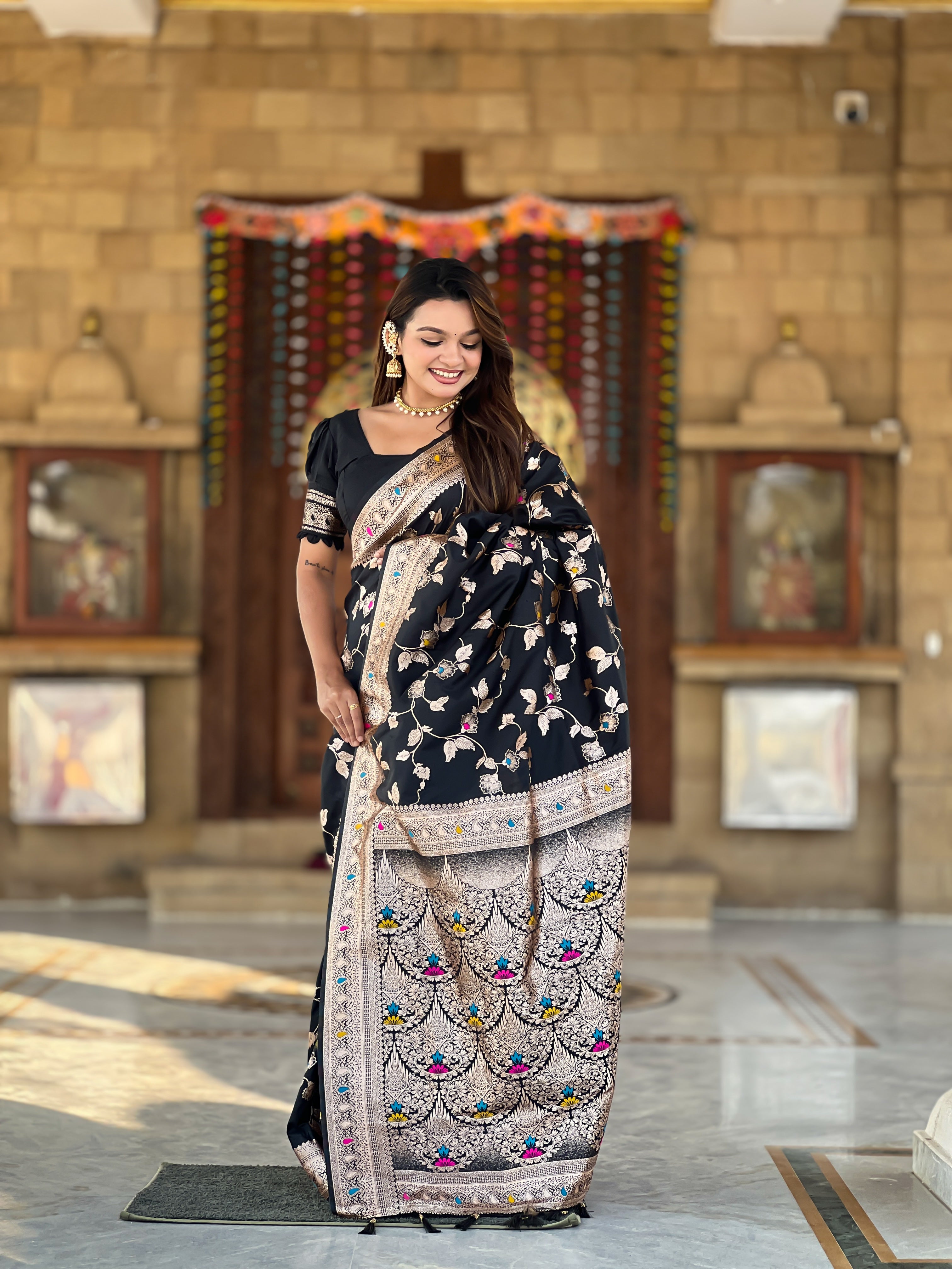 Black Zari Embroidered Banarasi Silk Saree