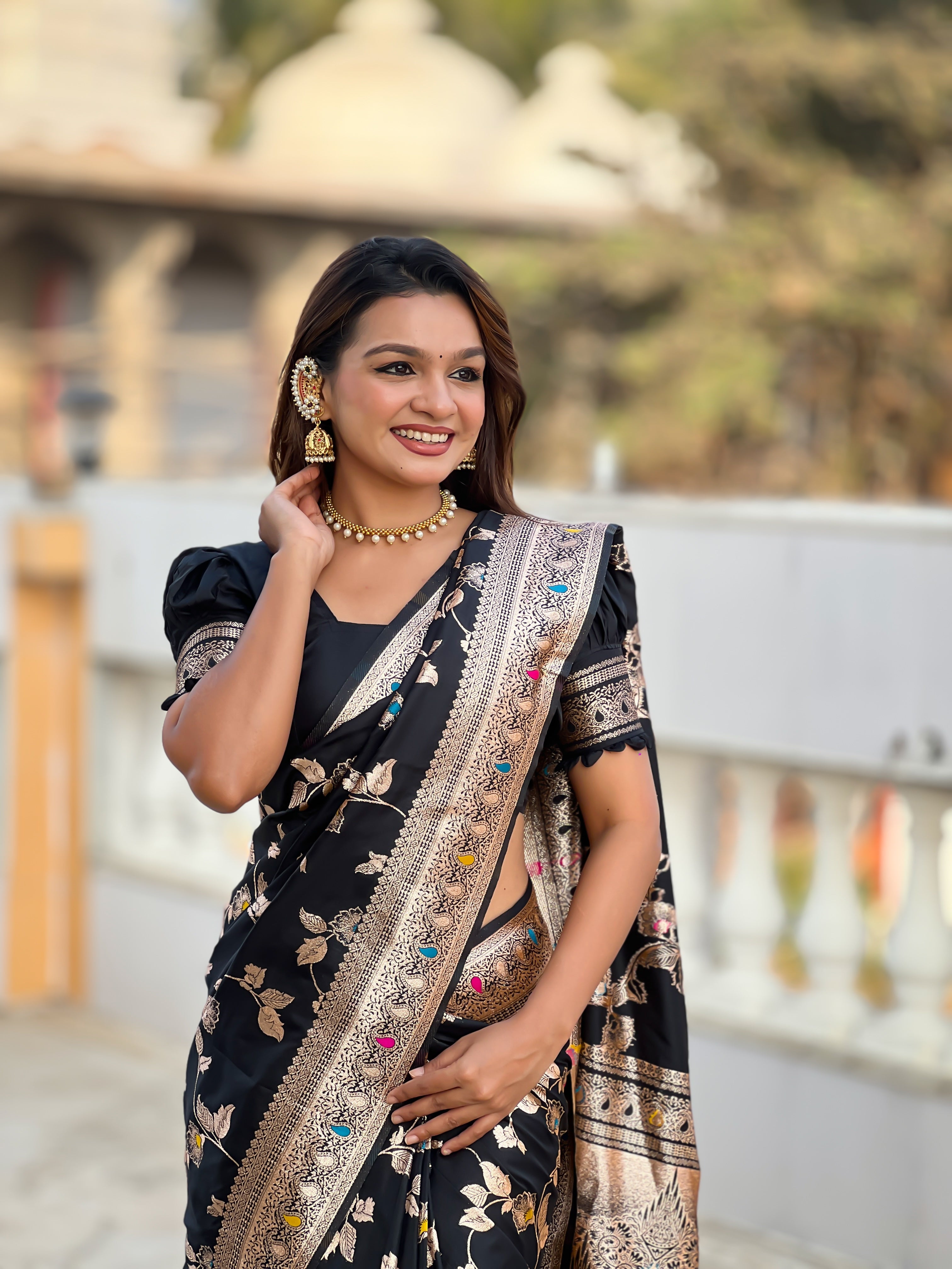 Black Zari Embroidered Banarasi Silk Saree