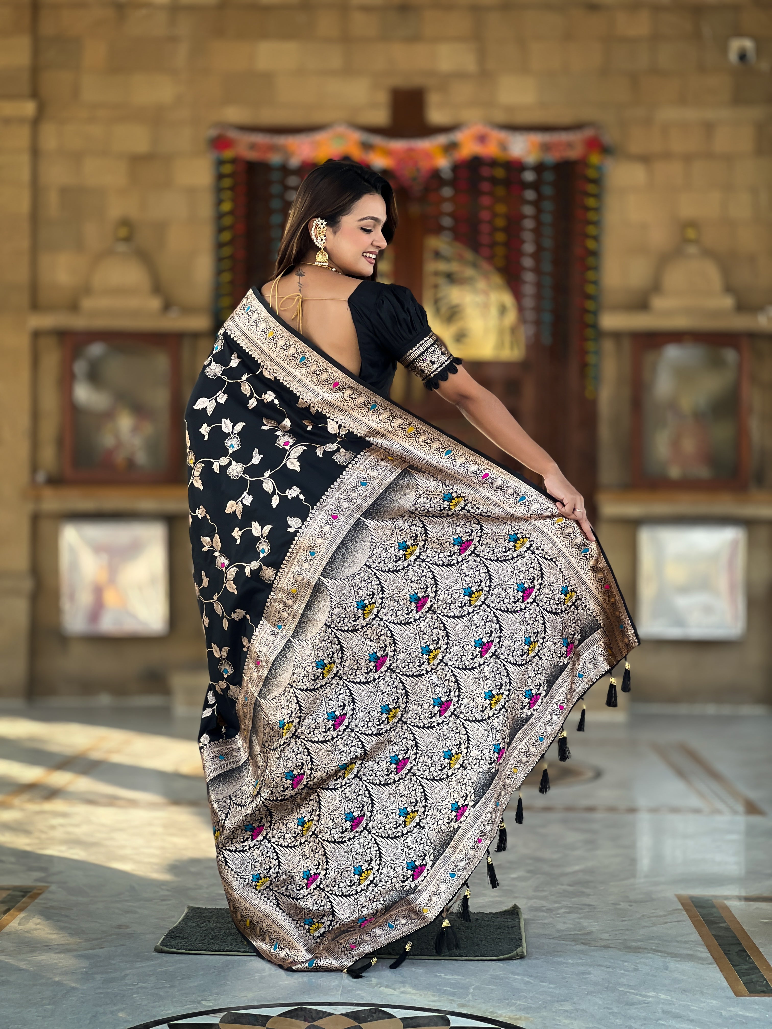 Black Zari Embroidered Banarasi Silk Saree
