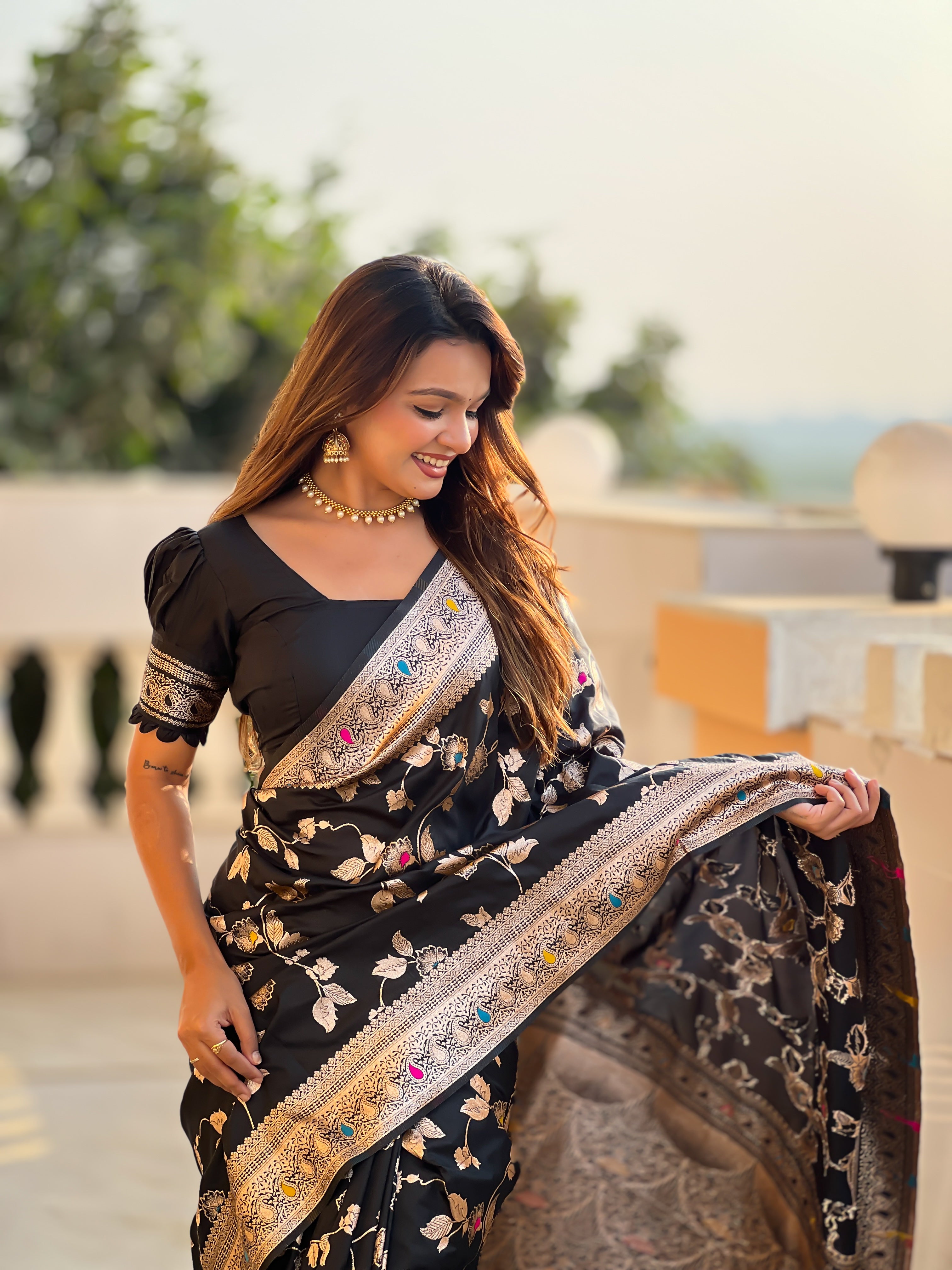 Black Zari Embroidered Banarasi Silk Saree