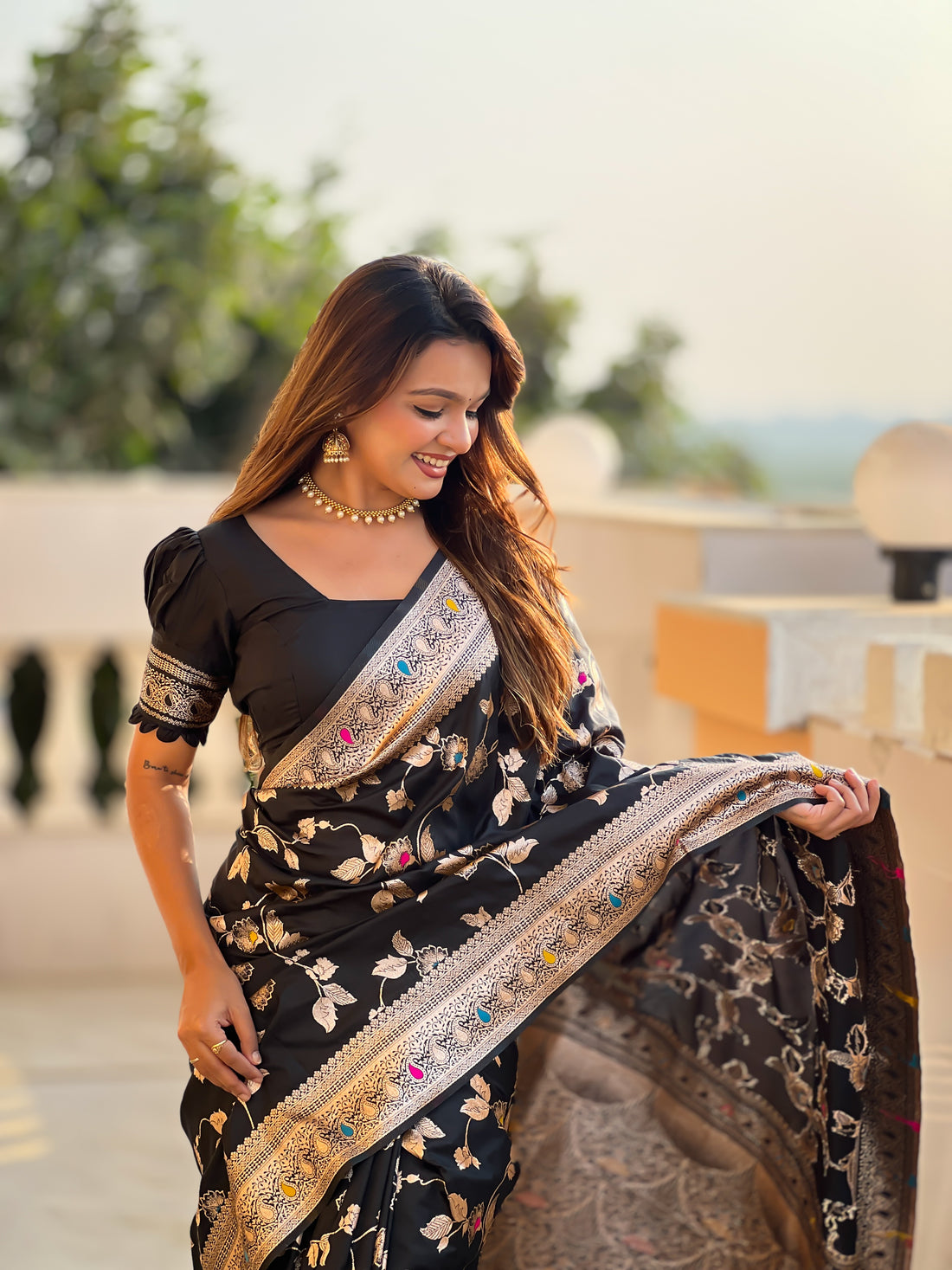 Black Zari Embroidered Banarasi Silk Saree