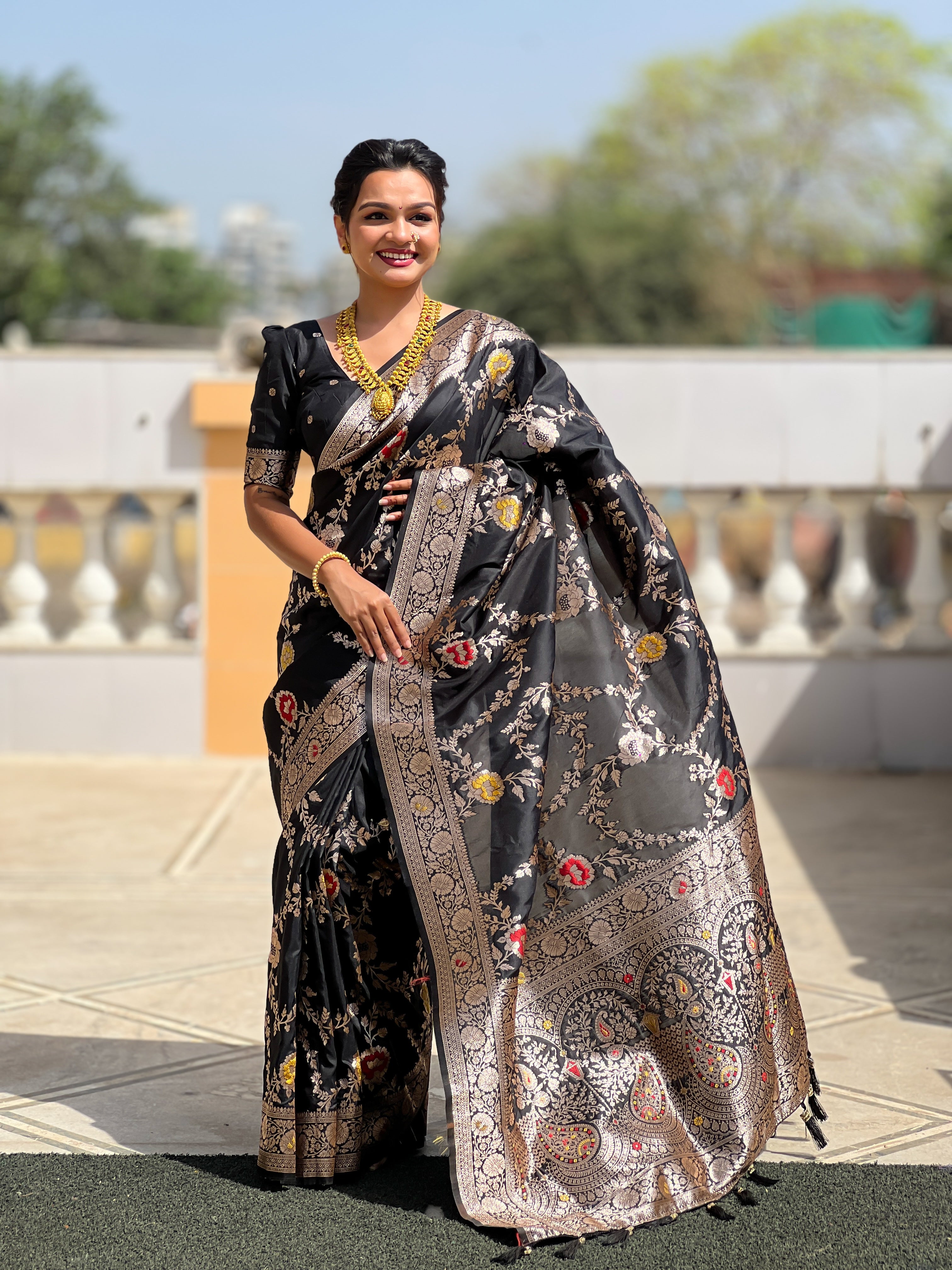 Black Soft Banarasi Silk Saree with Zari Weaving Meenakari Touchup Design