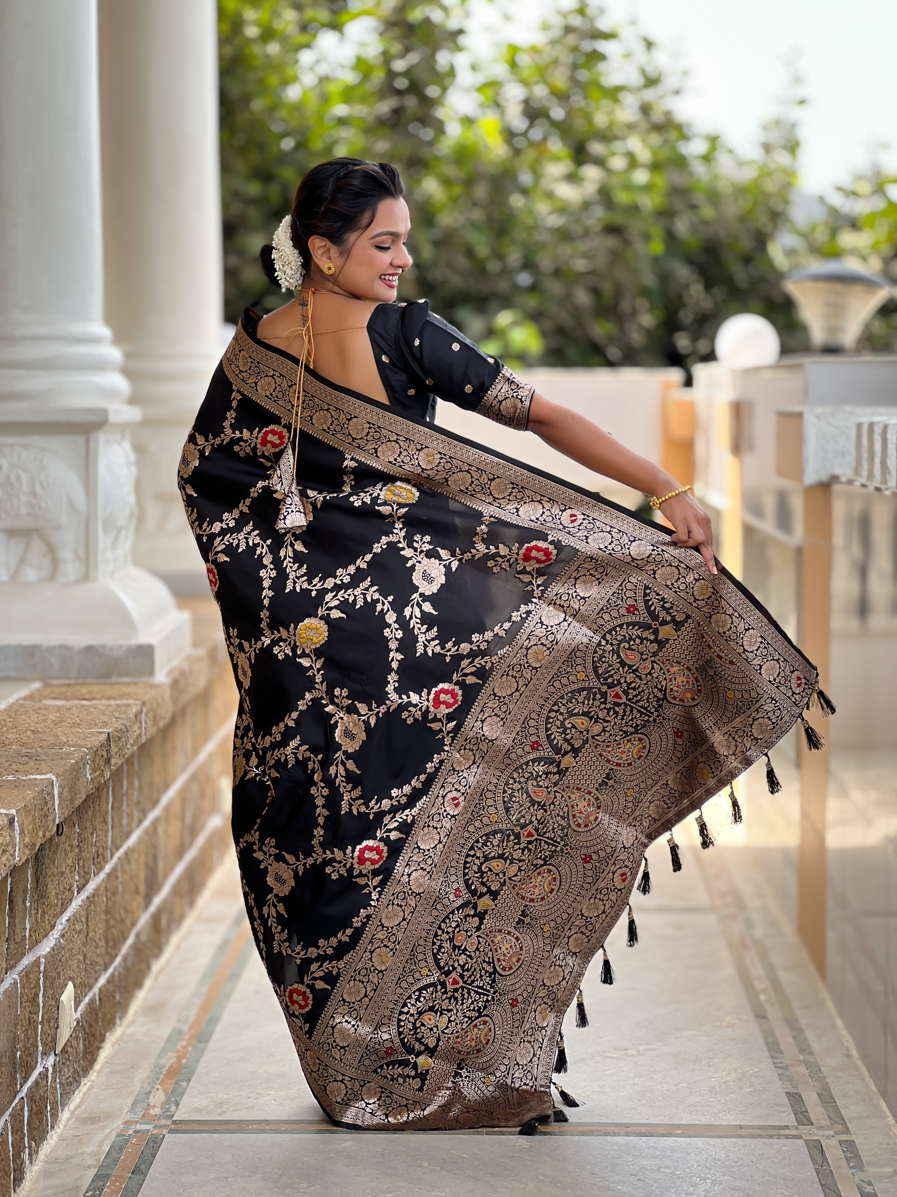Black Soft Banarasi Silk Saree with Zari Weaving Meenakari Touchup Design