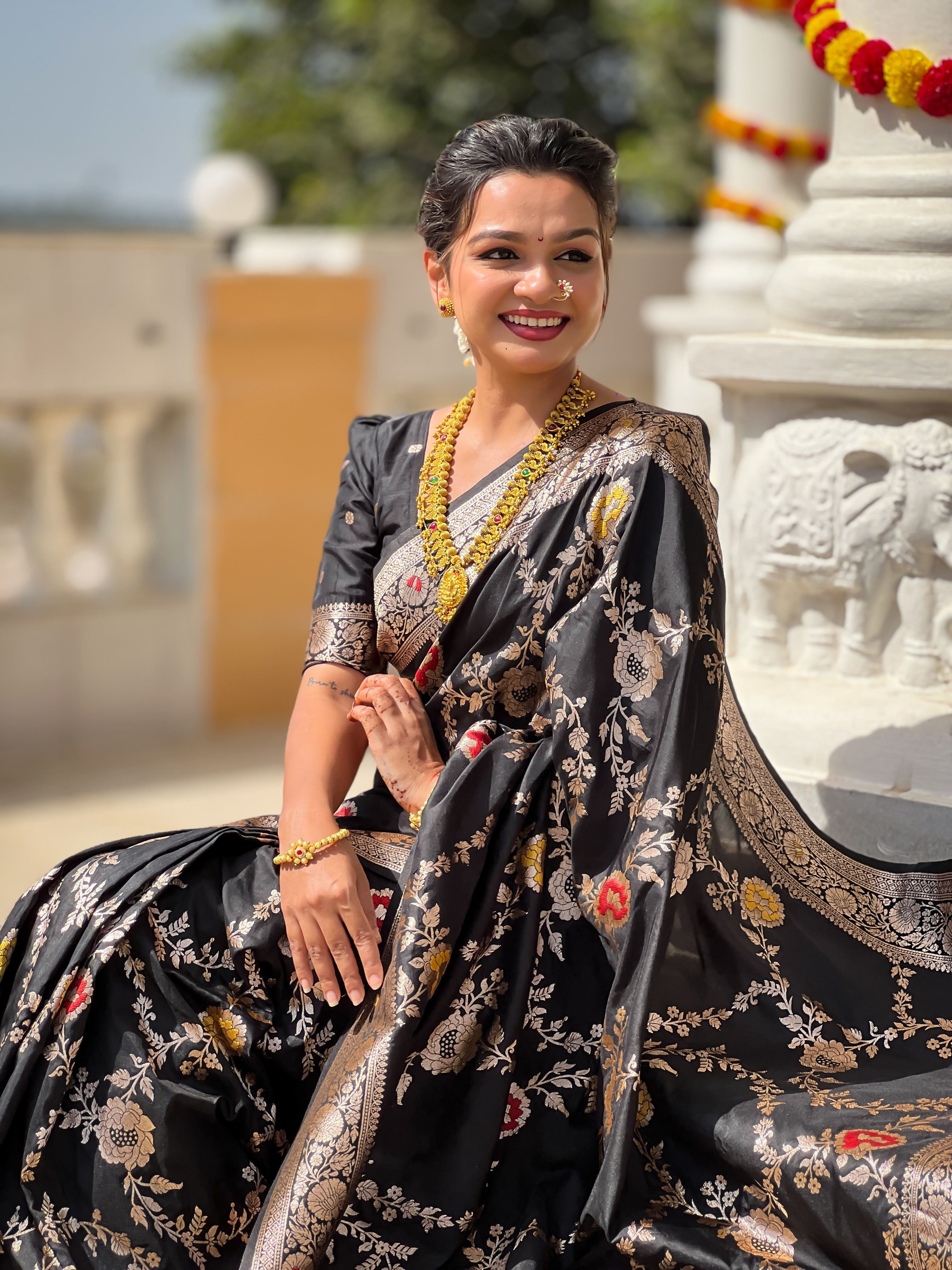 Black Soft Banarasi Silk Saree with Zari Weaving Meenakari Touchup Design