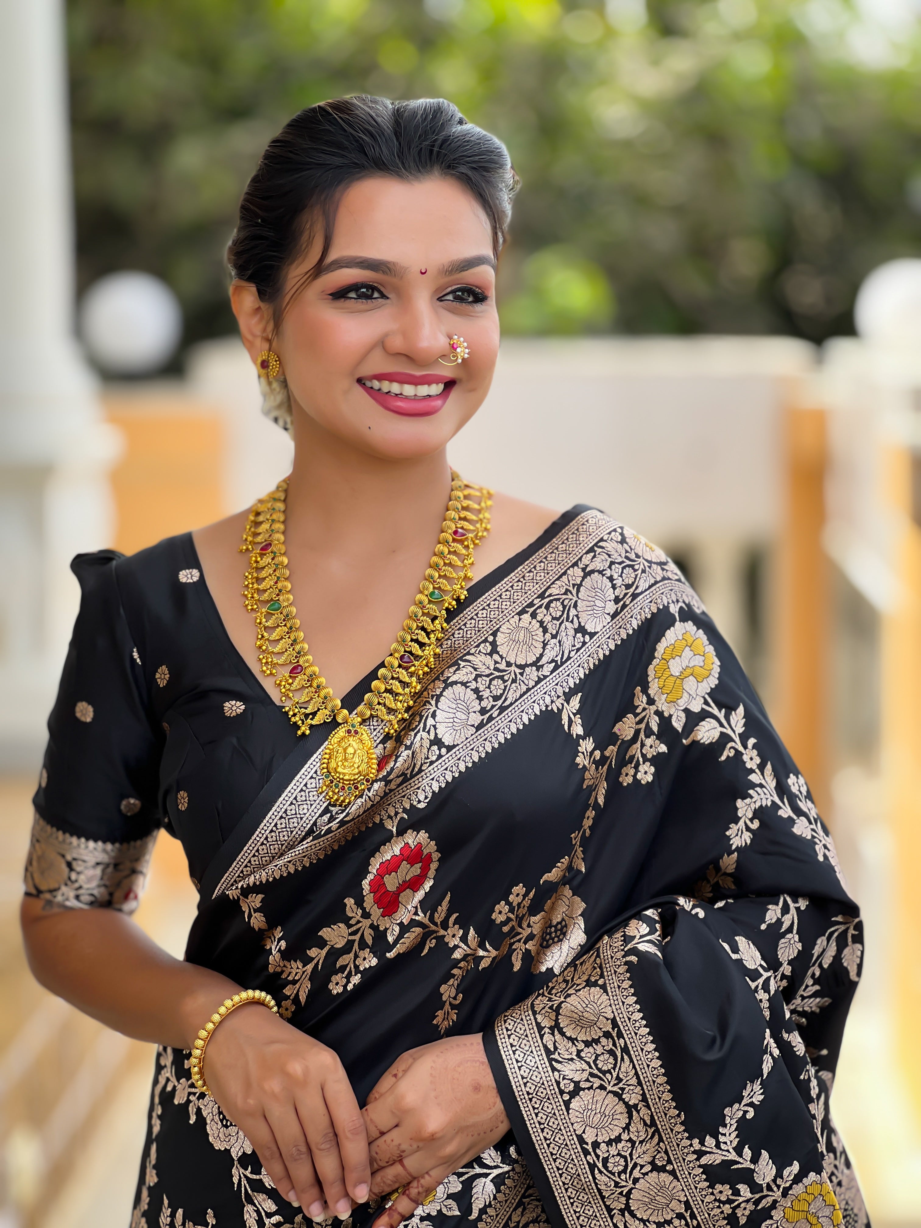 Black Soft Banarasi Silk Saree with Zari Weaving Meenakari Touchup Design