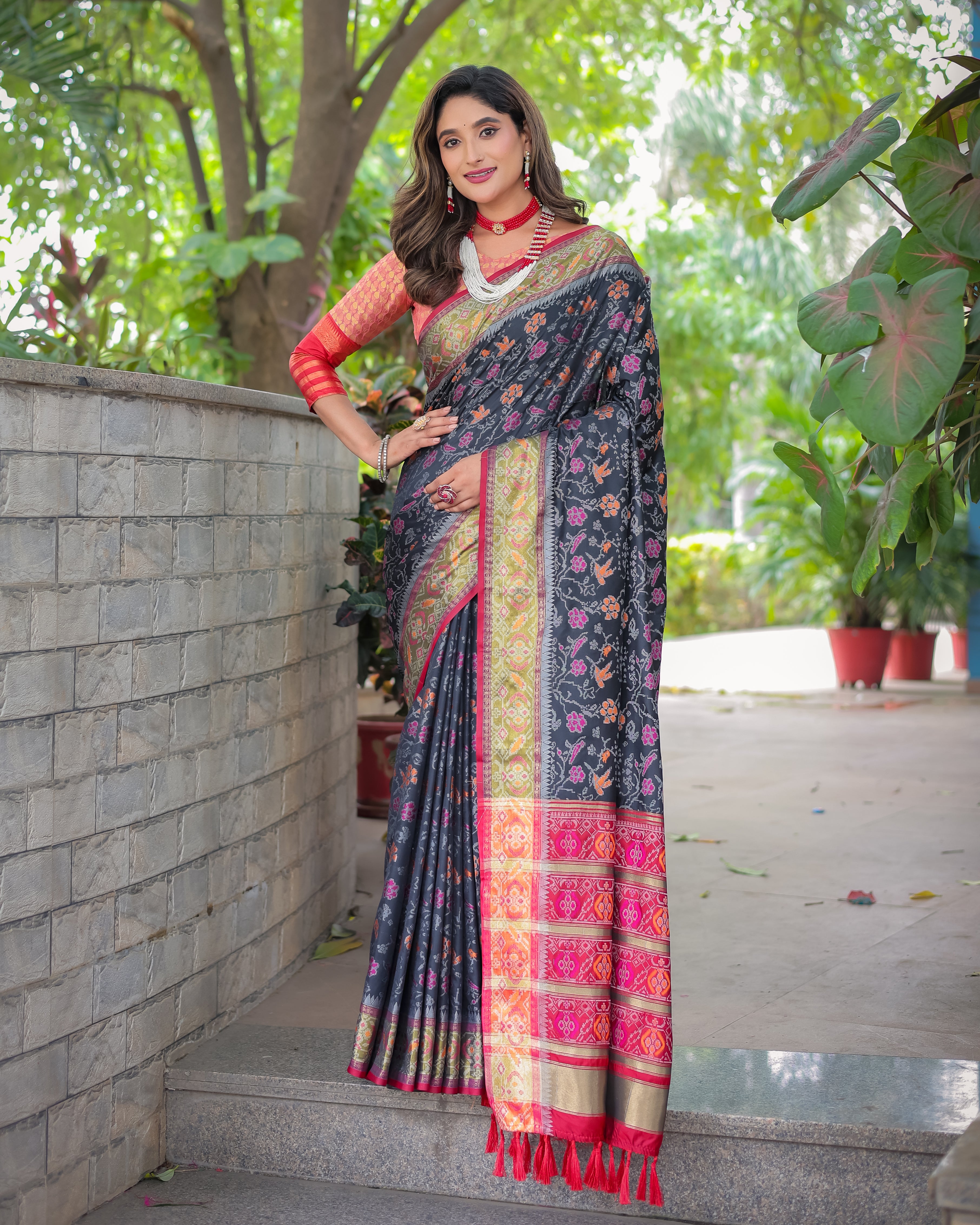 Black and Pink Banarasi Patola Soft Silk Saree