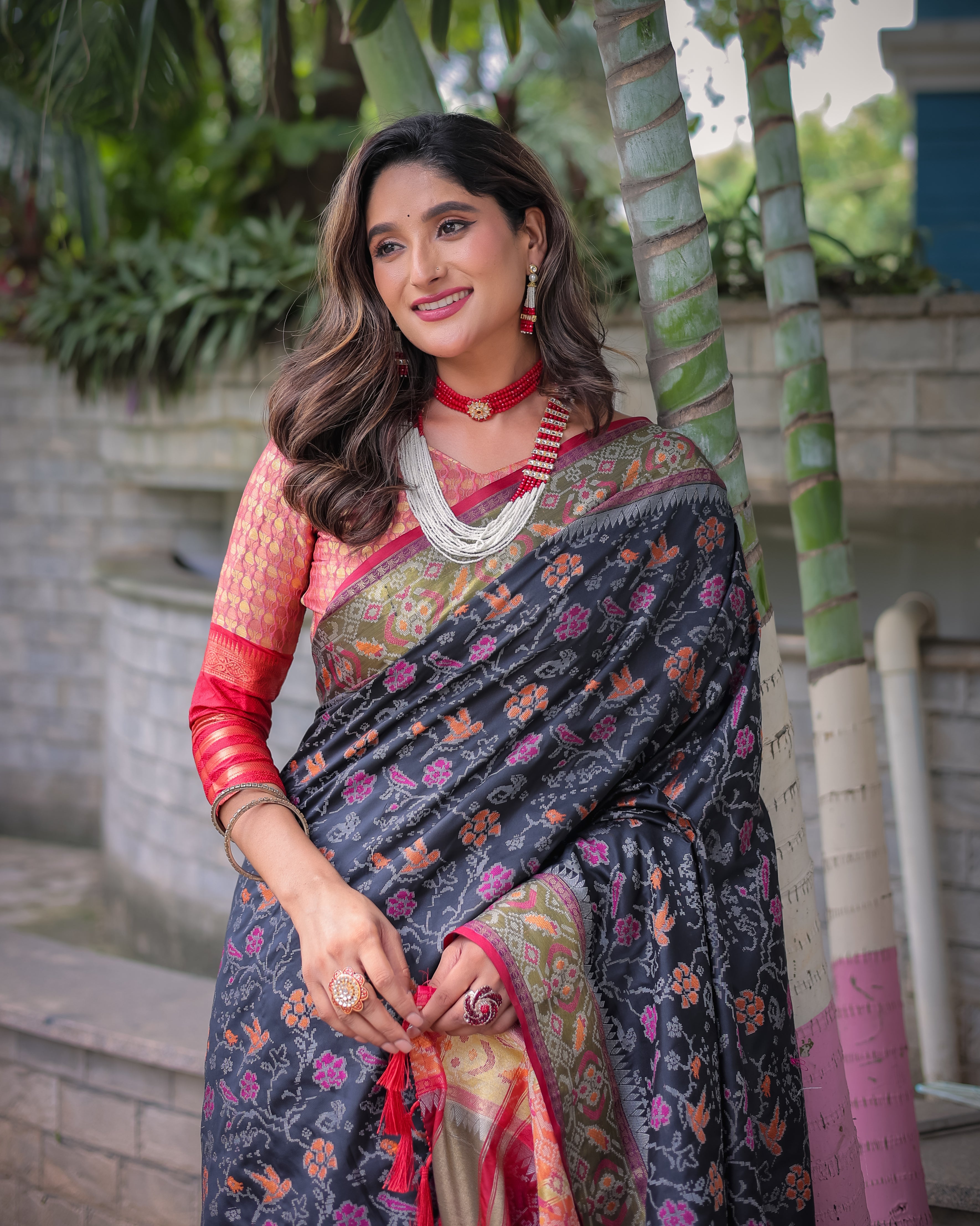Black and Pink Banarasi Patola Soft Silk Saree