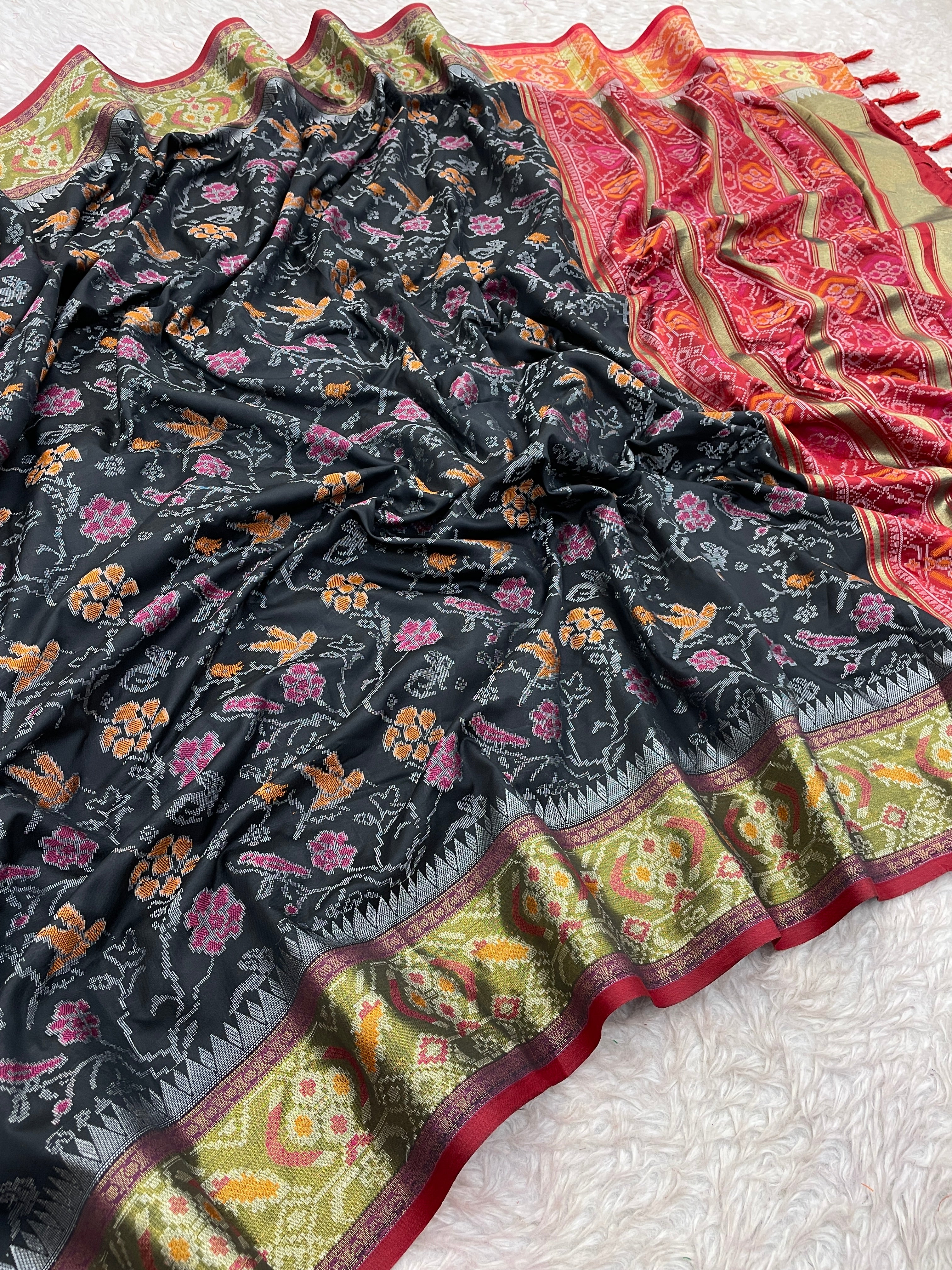Black and Pink Banarasi Patola Soft Silk Saree