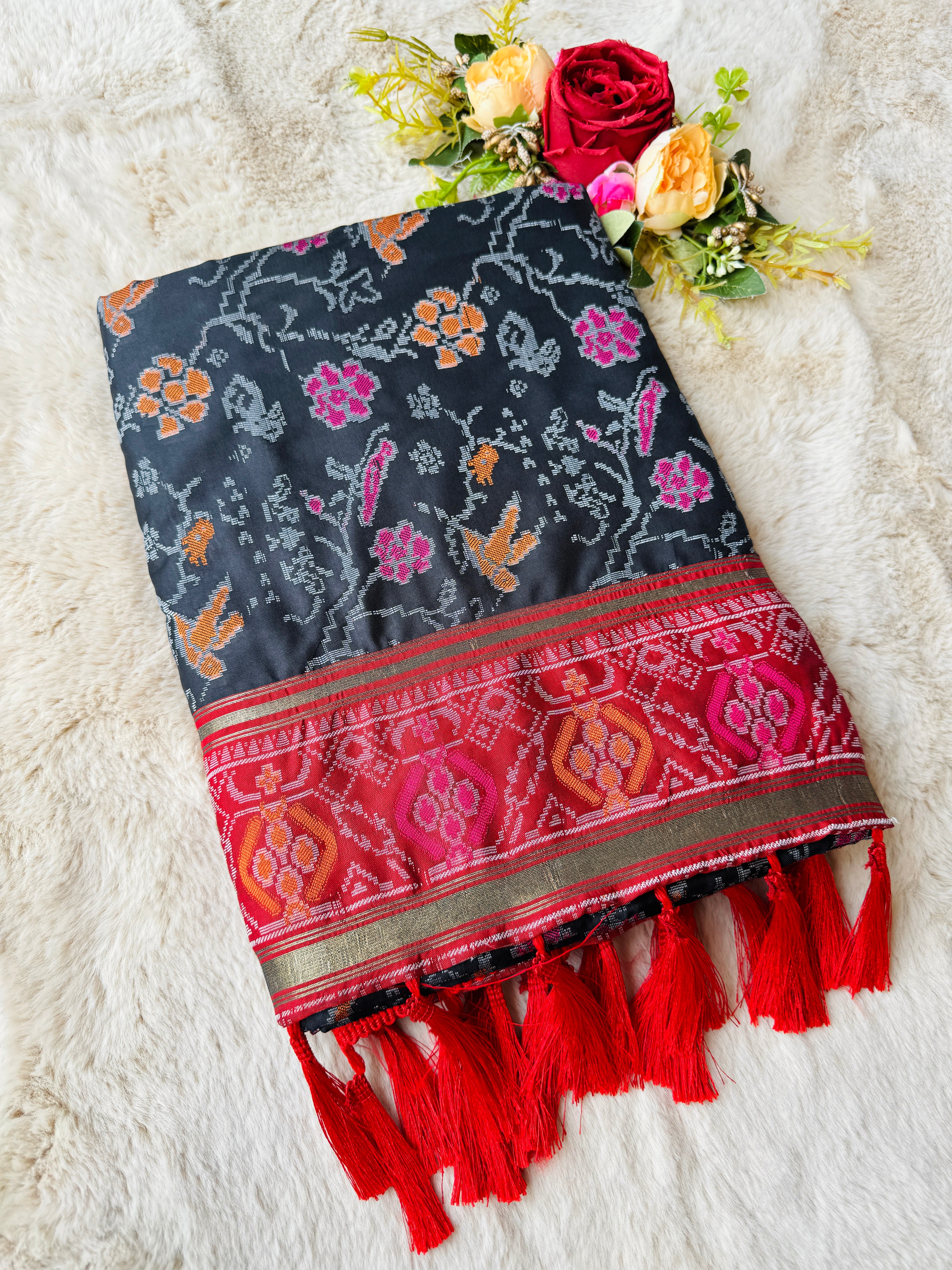 Black and Pink Banarasi Patola Soft Silk Saree