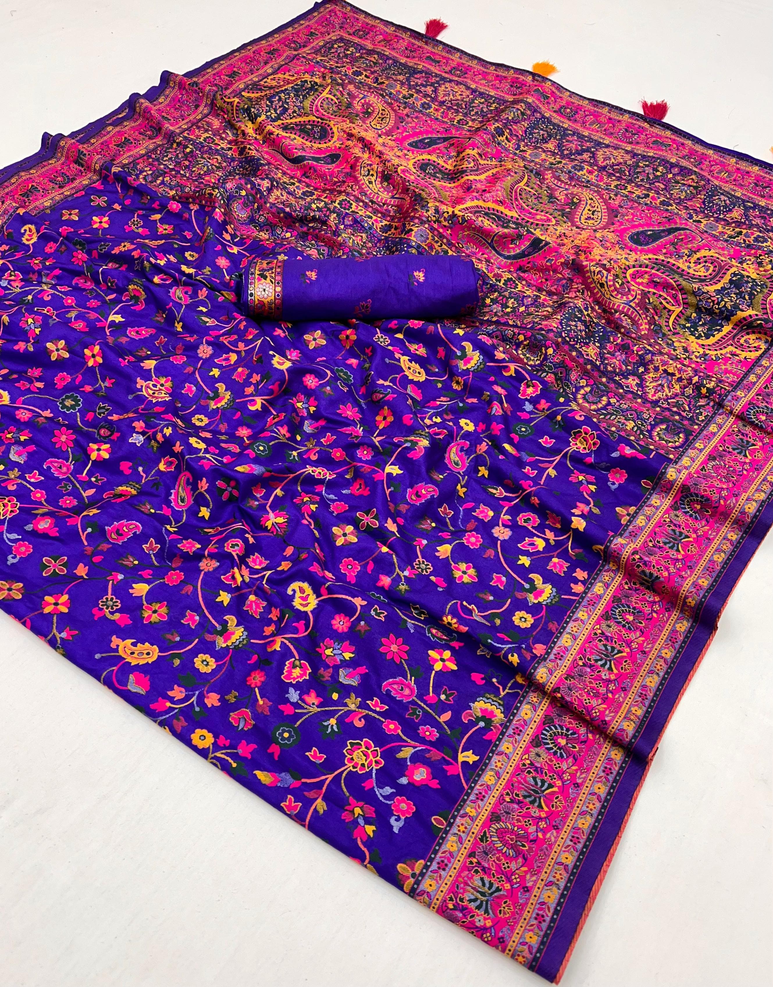 Blue Gem Pashmina Kashmiri Sarees with meena weaves and kashmiri weaves